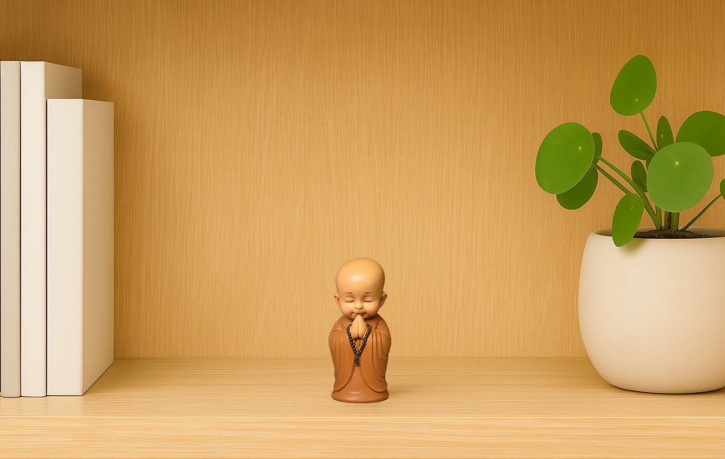 Small Buddha statue on a wooden shelf with books and a plant