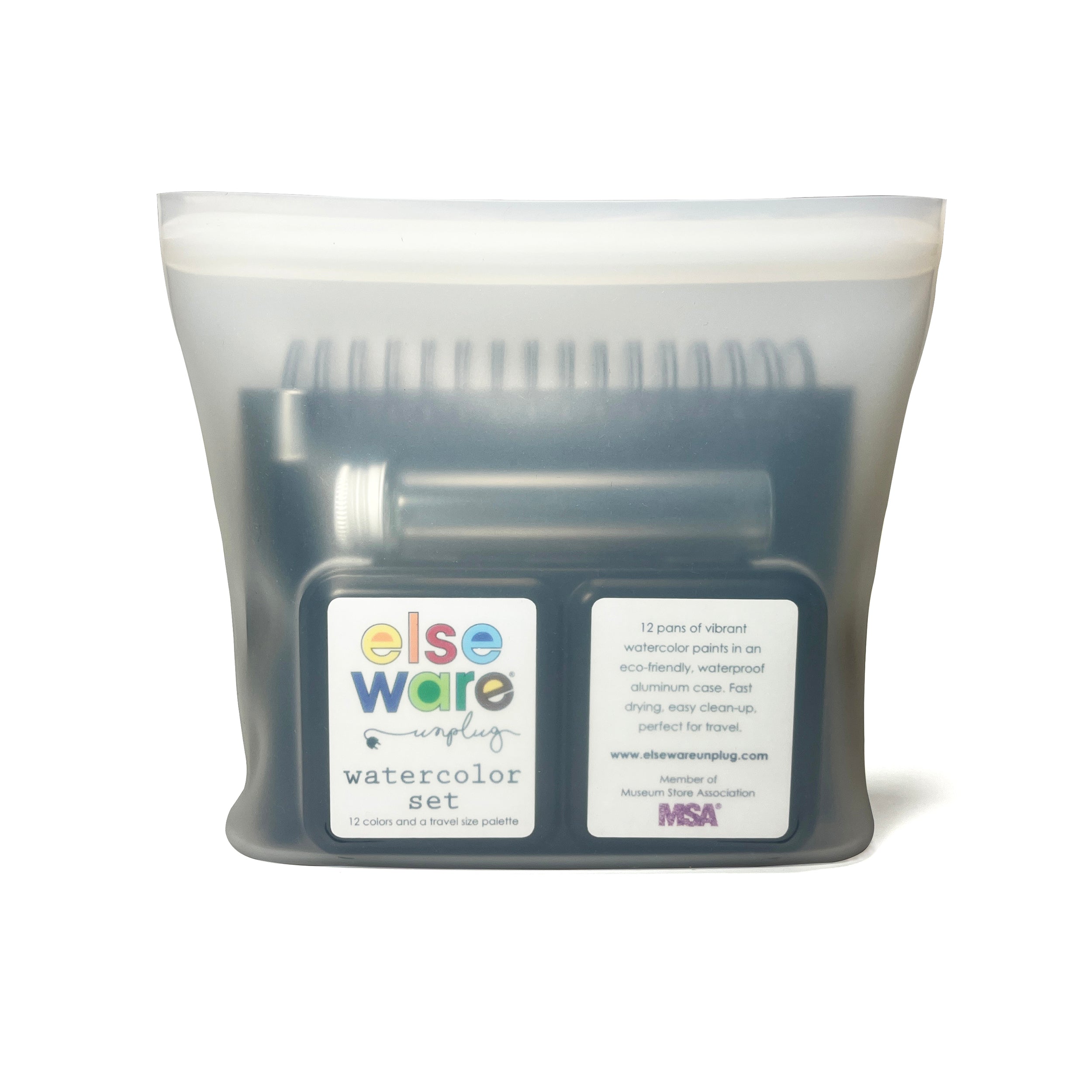 Elseware Unplug Watercolor Set packaged in a frosted reusable silicone bag, featuring 12 vibrant watercolor paints in an eco-friendly aluminum case, a spiral-bound watercolor paper pad, a black artist brush, and a glass water vial with a screw-on lid, designed for on-the-go creativity.