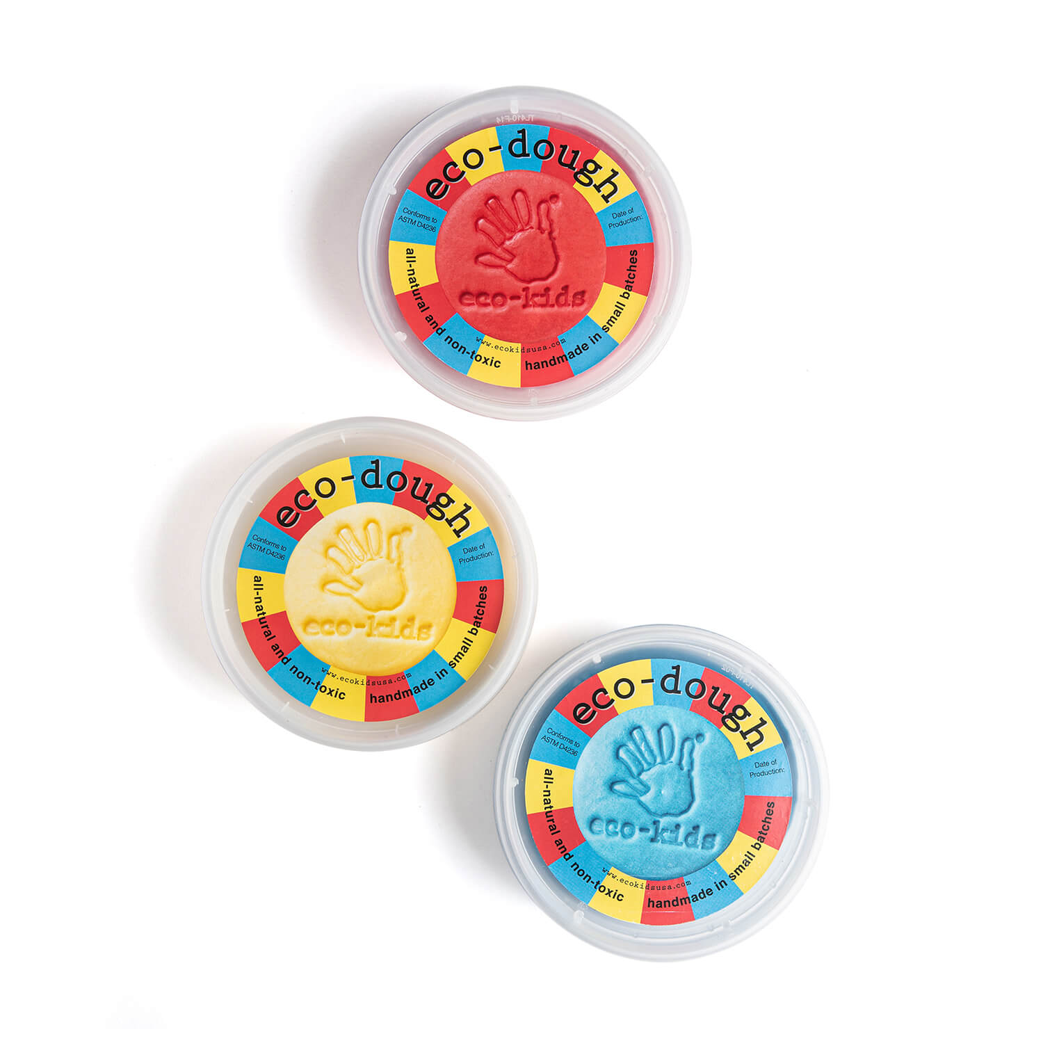 Three containers of eco-kids eco-dough in red, yellow, and blue – all-natural, non-toxic sculpting dough for creative play
