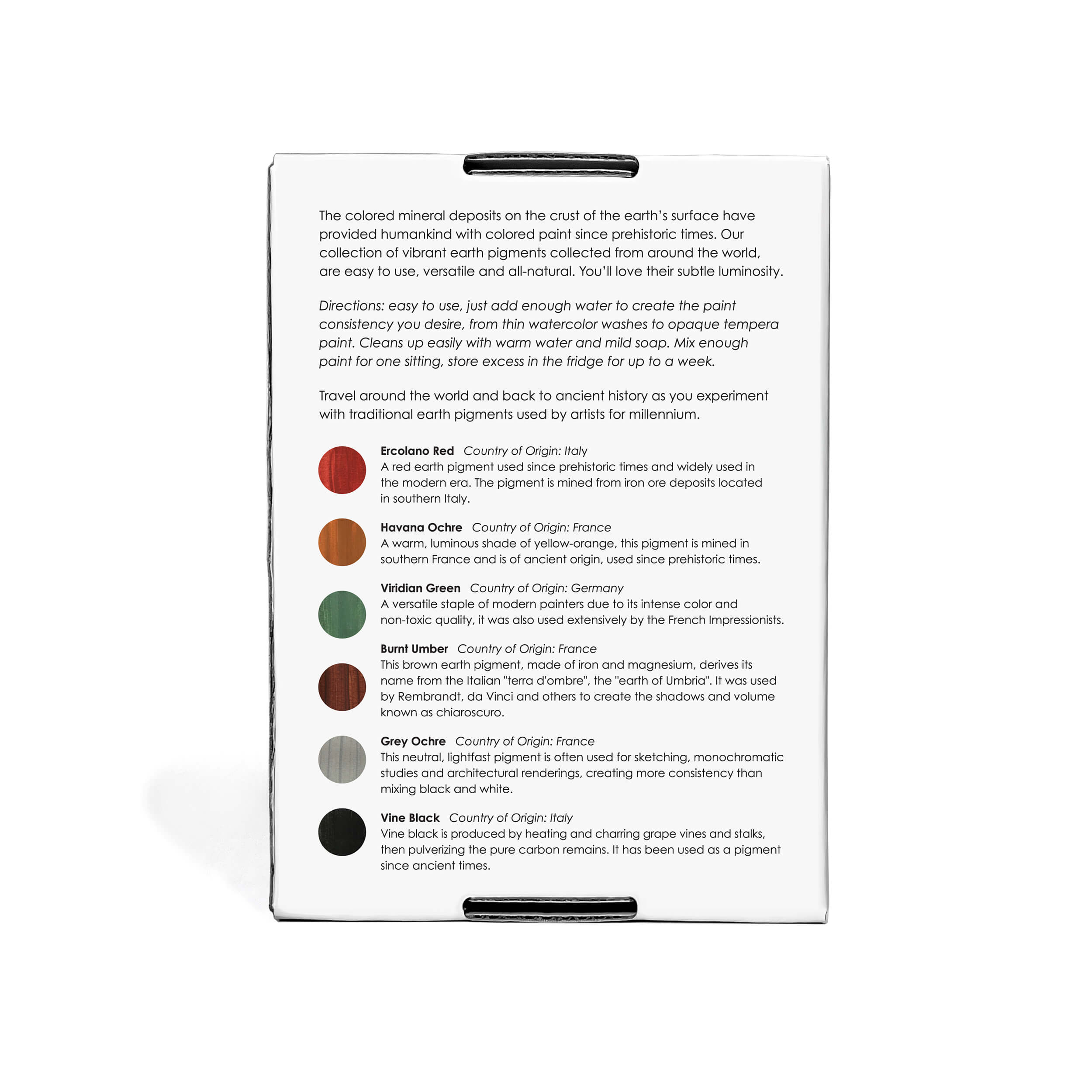 Back of Elseware Unplug Earth Paints packaging with pigment descriptions, countries of origin, and natural paint mixing instructions.