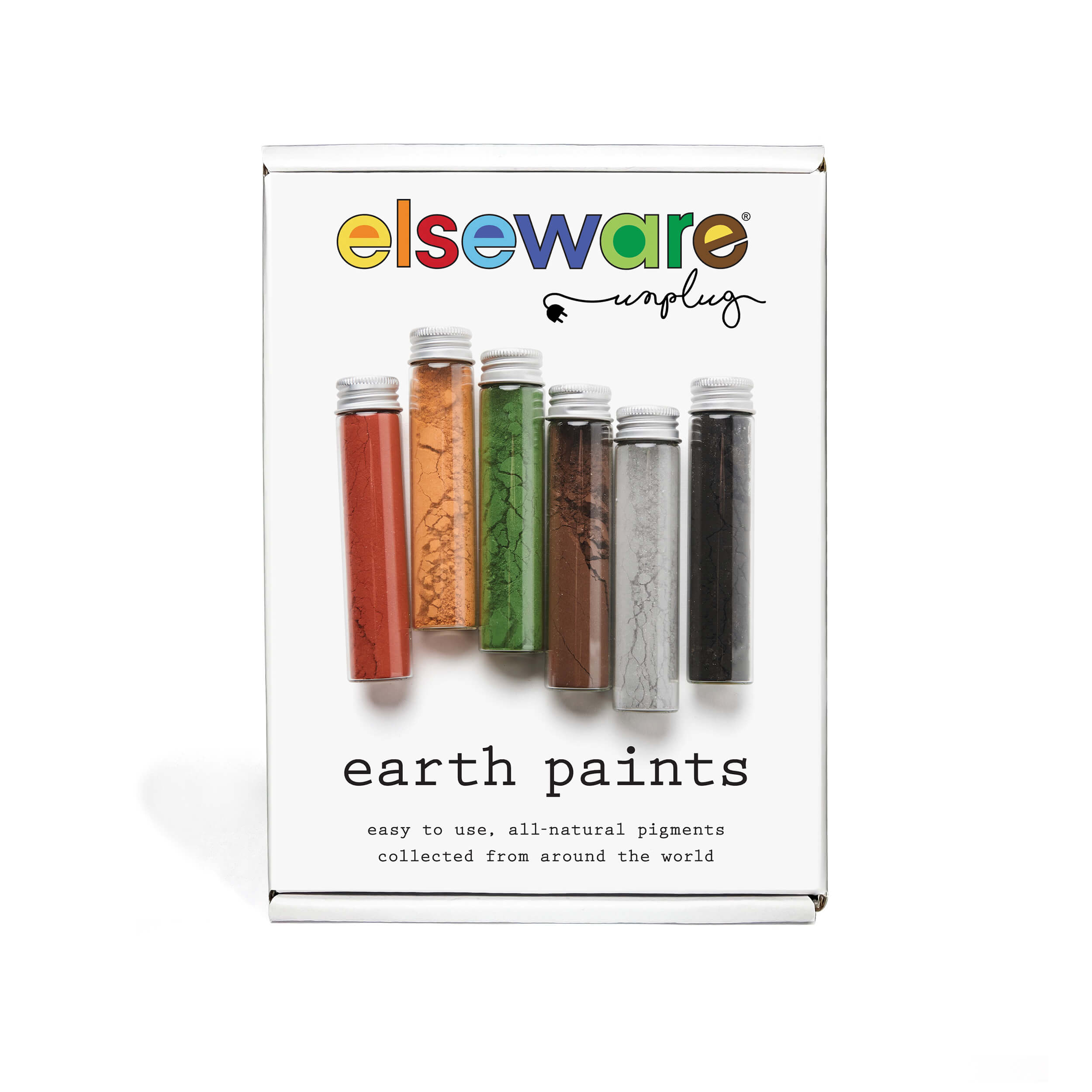 Front of Elseware Unplug Earth Paints box featuring six natural pigment vials in earthy tones, including red, orange, green, brown, grey, and black.