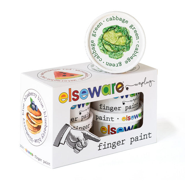 Elseware Unplug finger paint packaging with visible blueberry and cabbage green paint lids on top and inside the box.