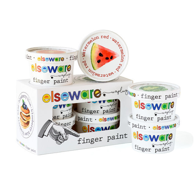 Elseware Unplug finger paint set partially opened, showing watermelon lid design and stacked paint containers beside the box.
