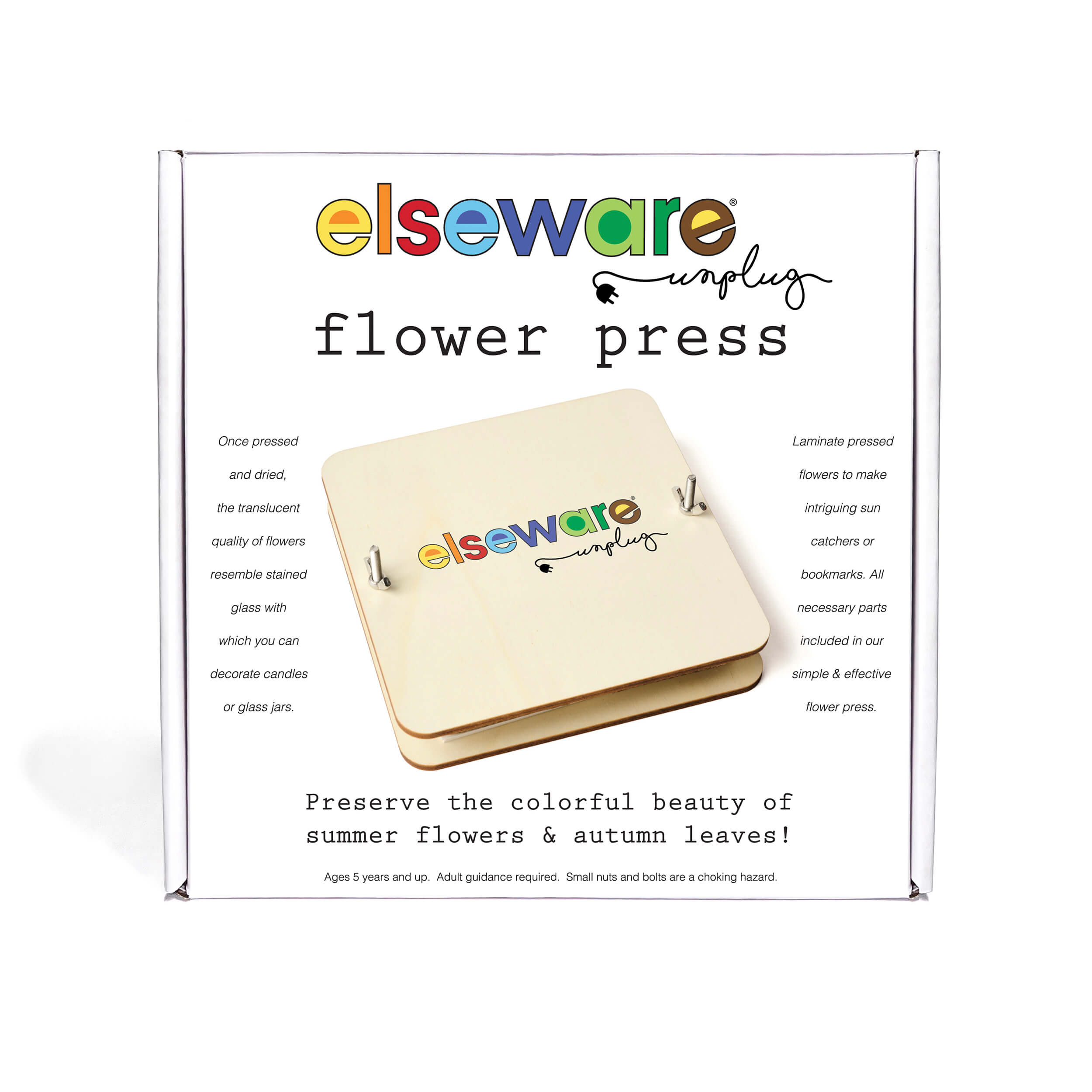 Front view of Elseware Unplug flower press packaging promoting preservation of flowers and leaves