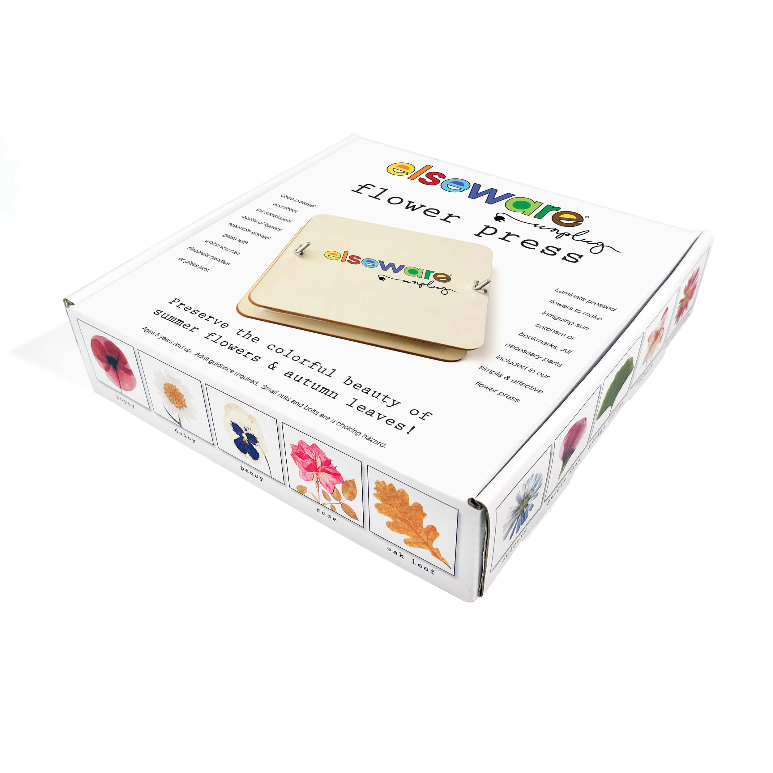 Side angle of Elseware Unplug flower press packaging showing kit contents and pressed flower examples