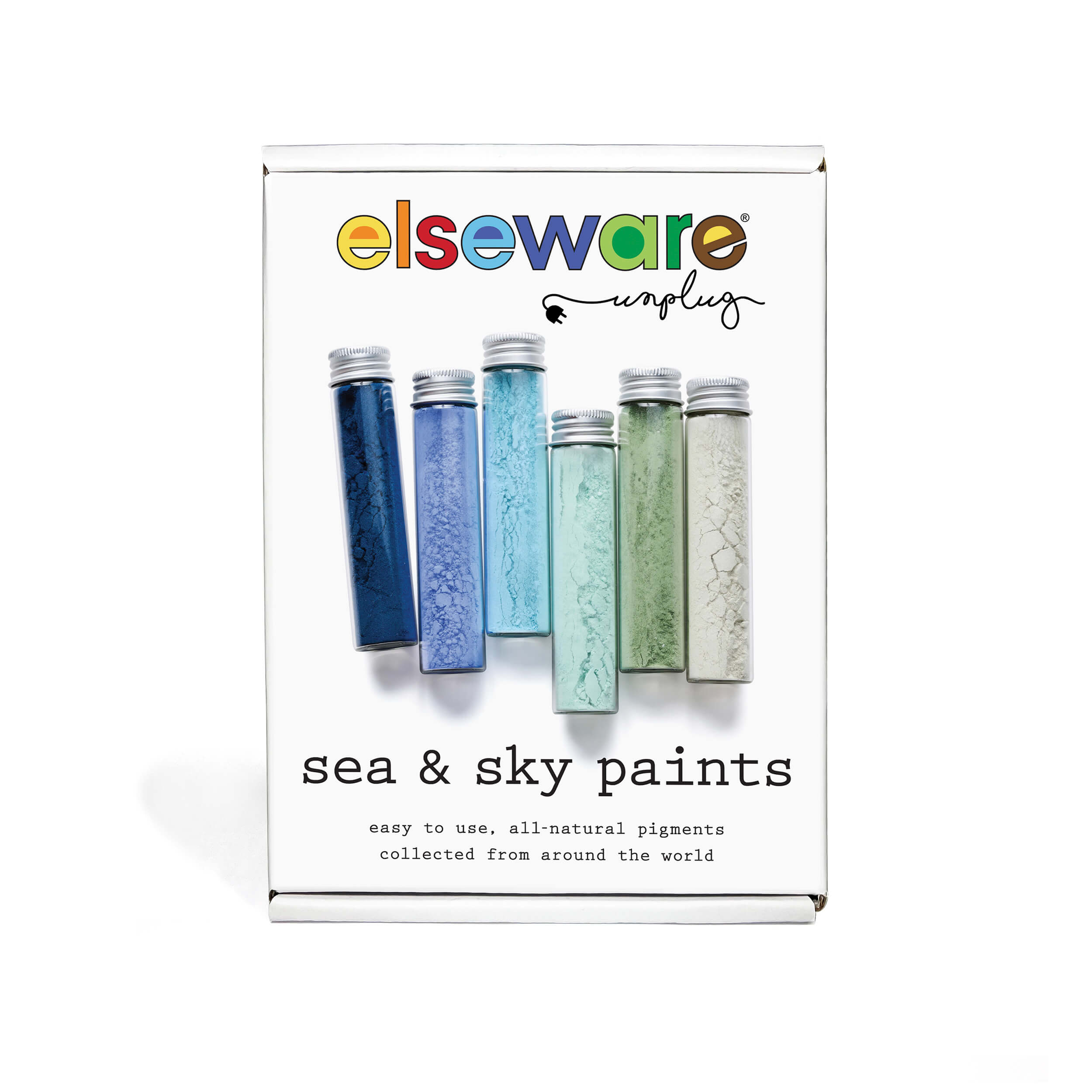 Front view of Elseware Unplug Sea & Sky Paints packaging showing six natural pigment vials in blue, green, and neutral tones with colorful branding.