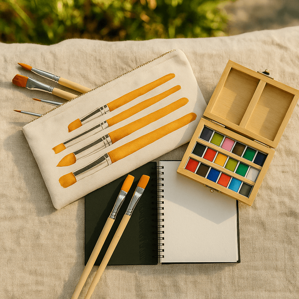 Set of paintbrushes, watercolor paints, and a notebook on a textured surface with a natural background.