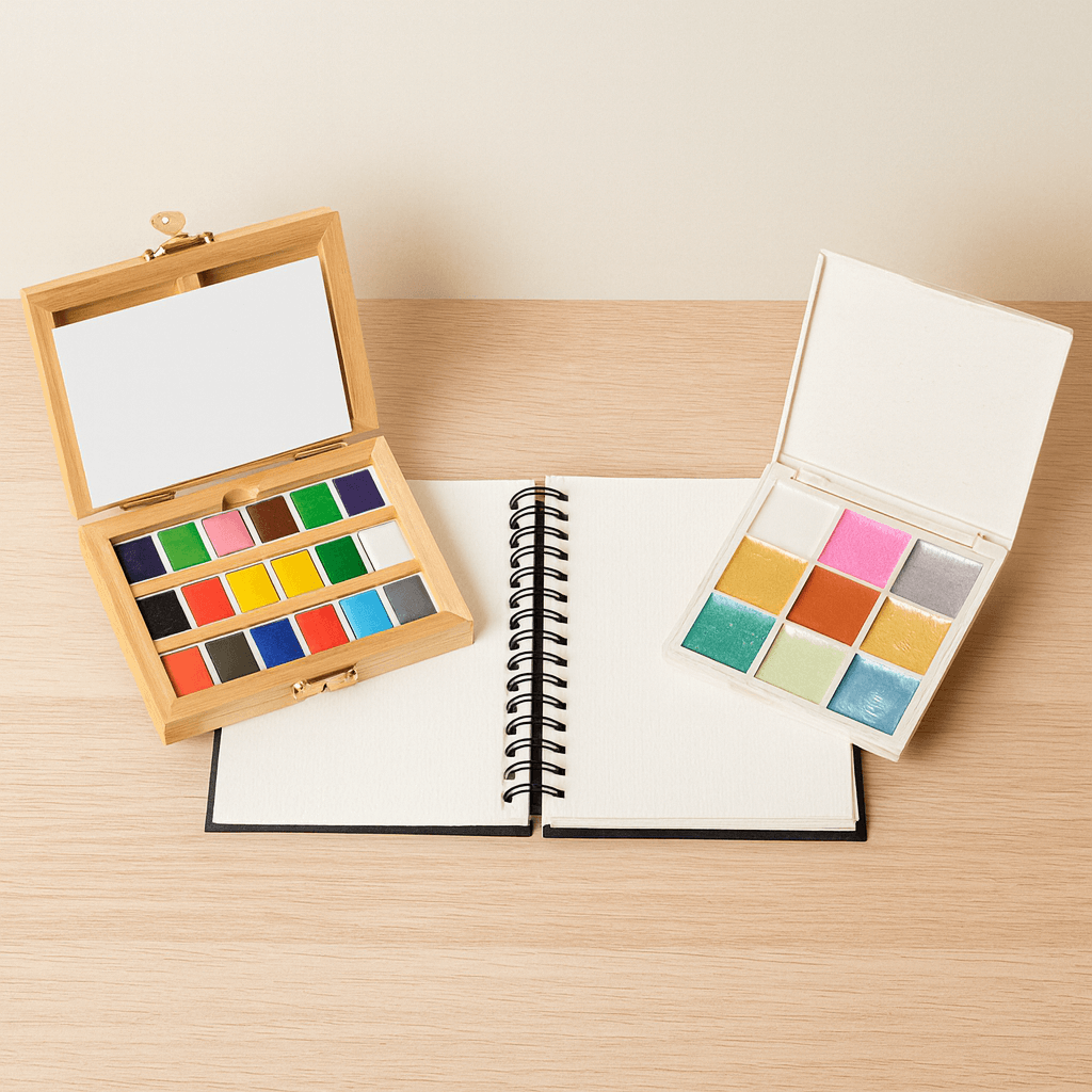 Open watercolor paint set with a notebook on a wooden surface