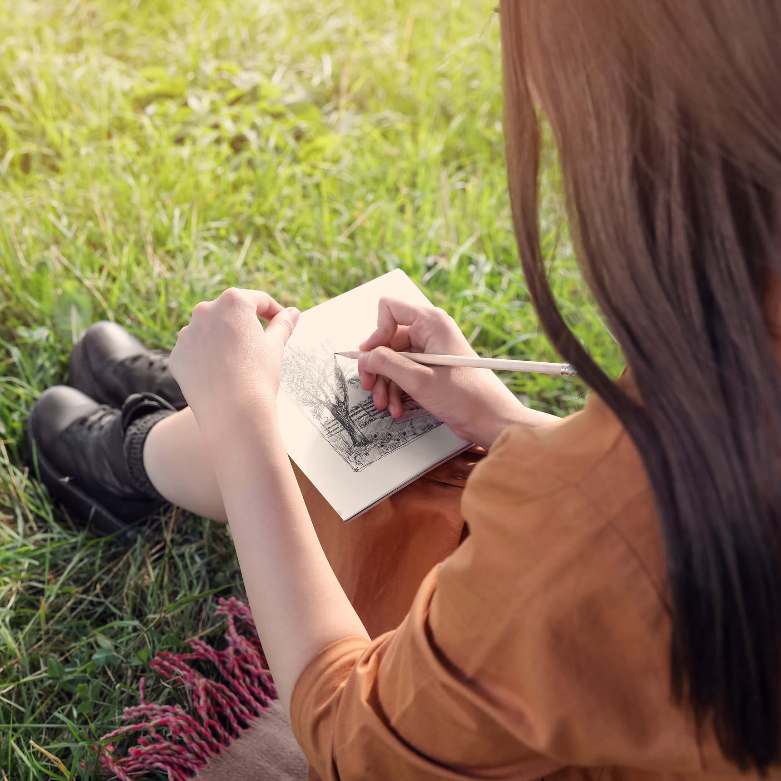 Adult sketching in a notebook while sitting on grass, practicing mindful drawing