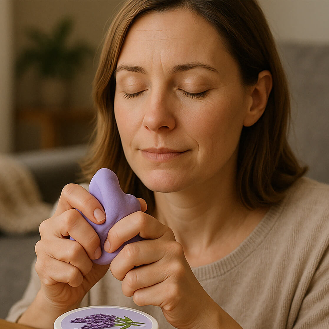 A woman relaxes with Elseware Unplug’s lavender therapy dough—designed to soothe stress and help you unplug.
