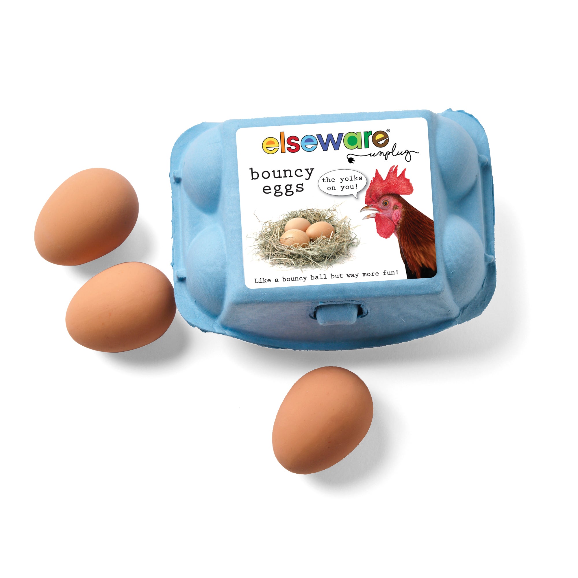 Blue egg carton labeled “Bouncy Eggs” by Elseware Unplug with three realistic-looking brown rubber eggs outside the carton