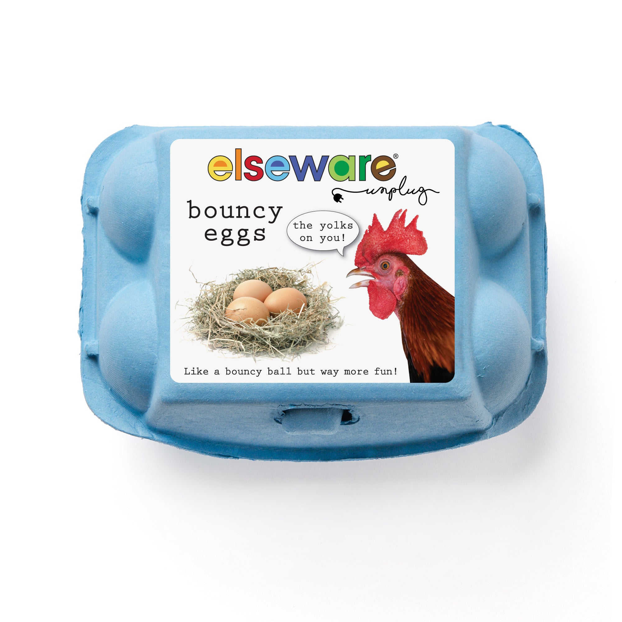 Top-down view of Elseware Unplug’s blue Bouncy Eggs carton featuring a chicken and the phrase “the yolks on you!” on the label.