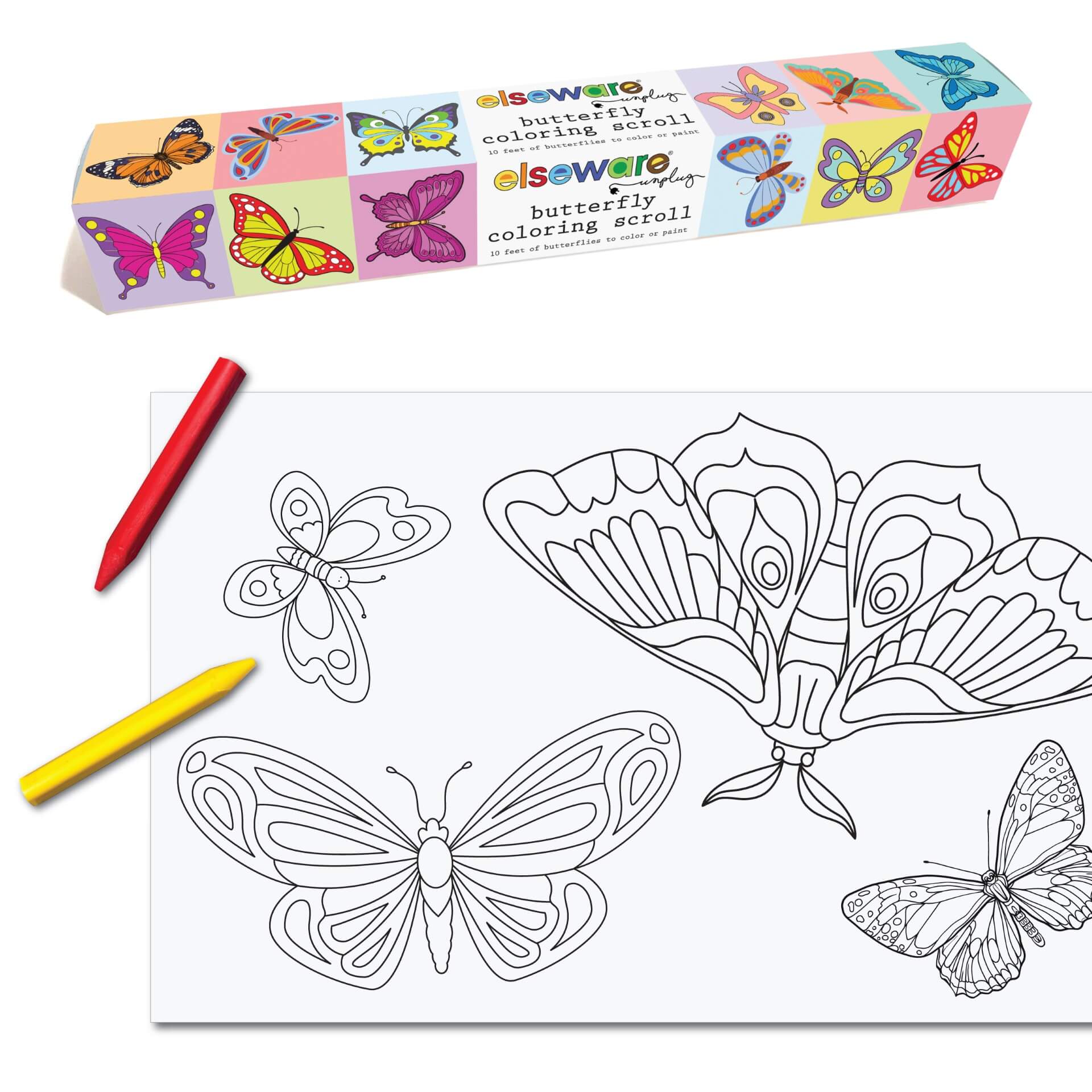 10ft butterfly coloring scroll and paper rolled out with red and yellow beeswax crayons