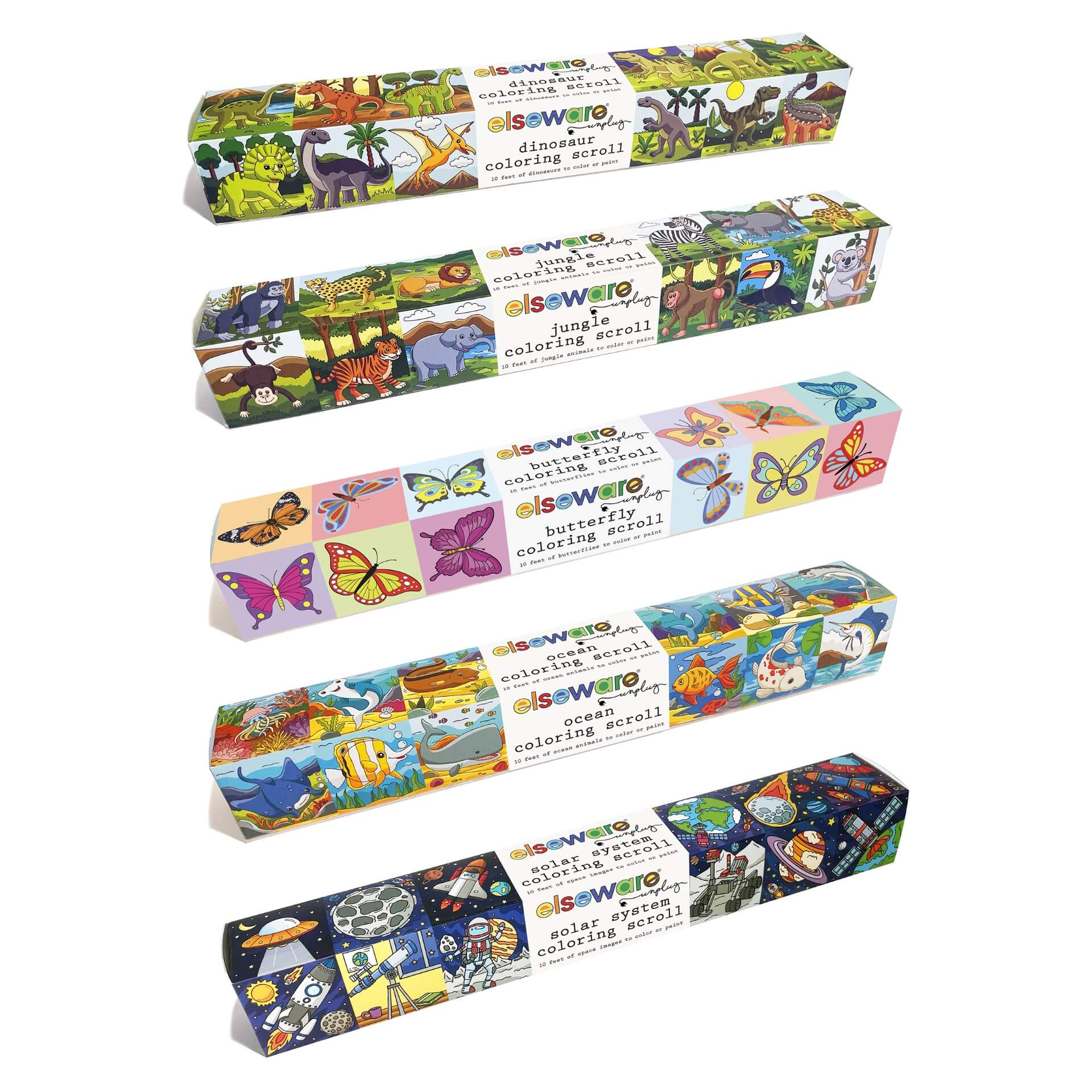 Set of colorful coloring scroll packages with various designs on a white background
