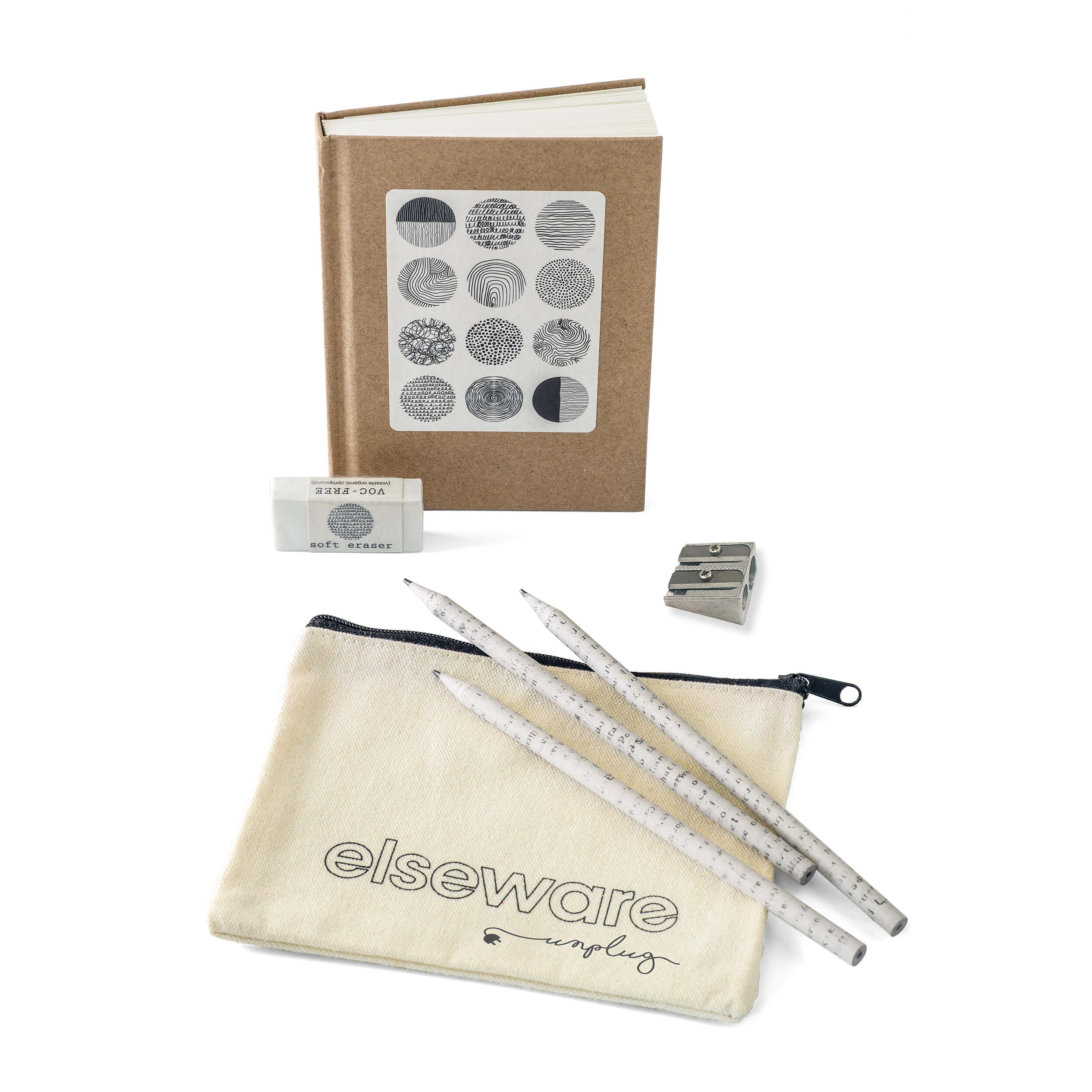 Elseware Unplug sketchbook kit shown with box and art supplies on white background