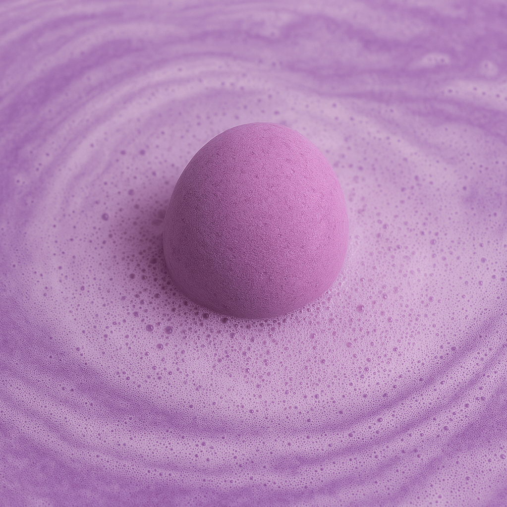 Purple egg-shaped bath bomb resting in swirling lavender water, surrounded by soft bubbles – part of Elseware Unplug's Easter Gifts collection.