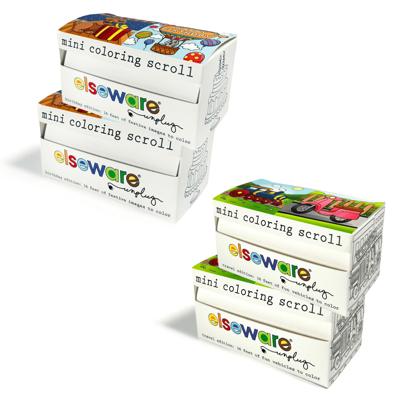 Multiple boxes of elseware mini coloring scroll on a white background