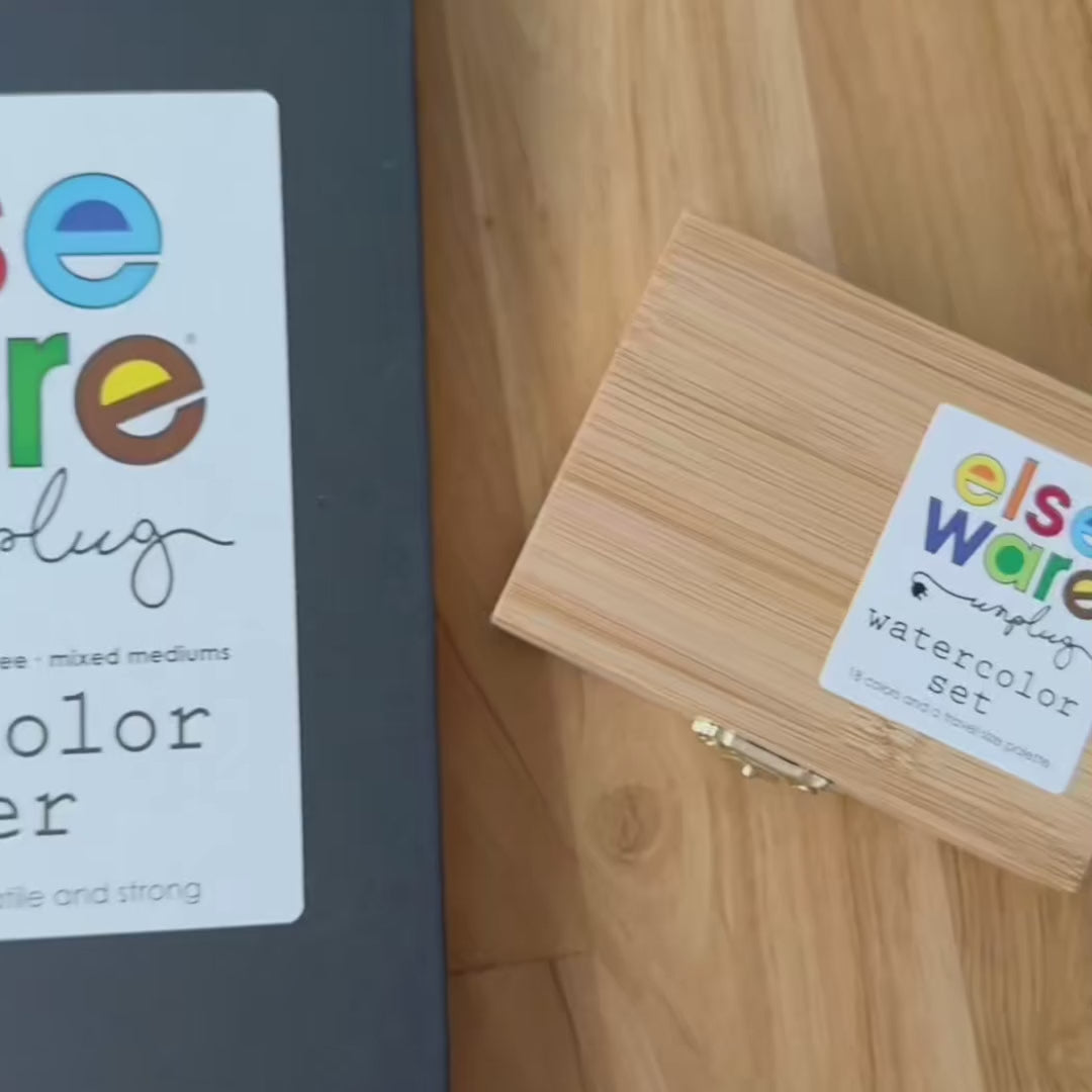 Video demo of Elseware Unplug’s watercolor pad and bamboo box set, showing the texture of the paper and vibrant handmade watercolors in use.