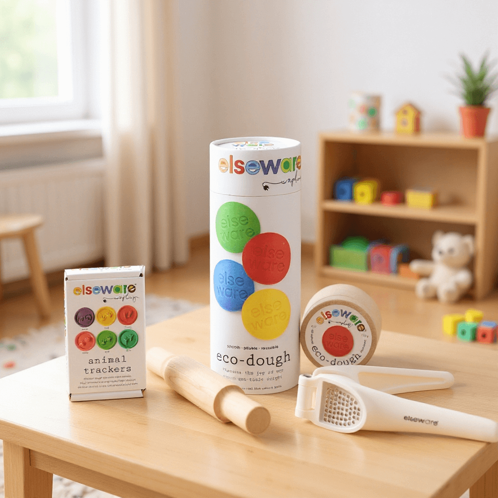 Elseware eco-dough packaging with tools on a wooden table in a room with toys and plants.