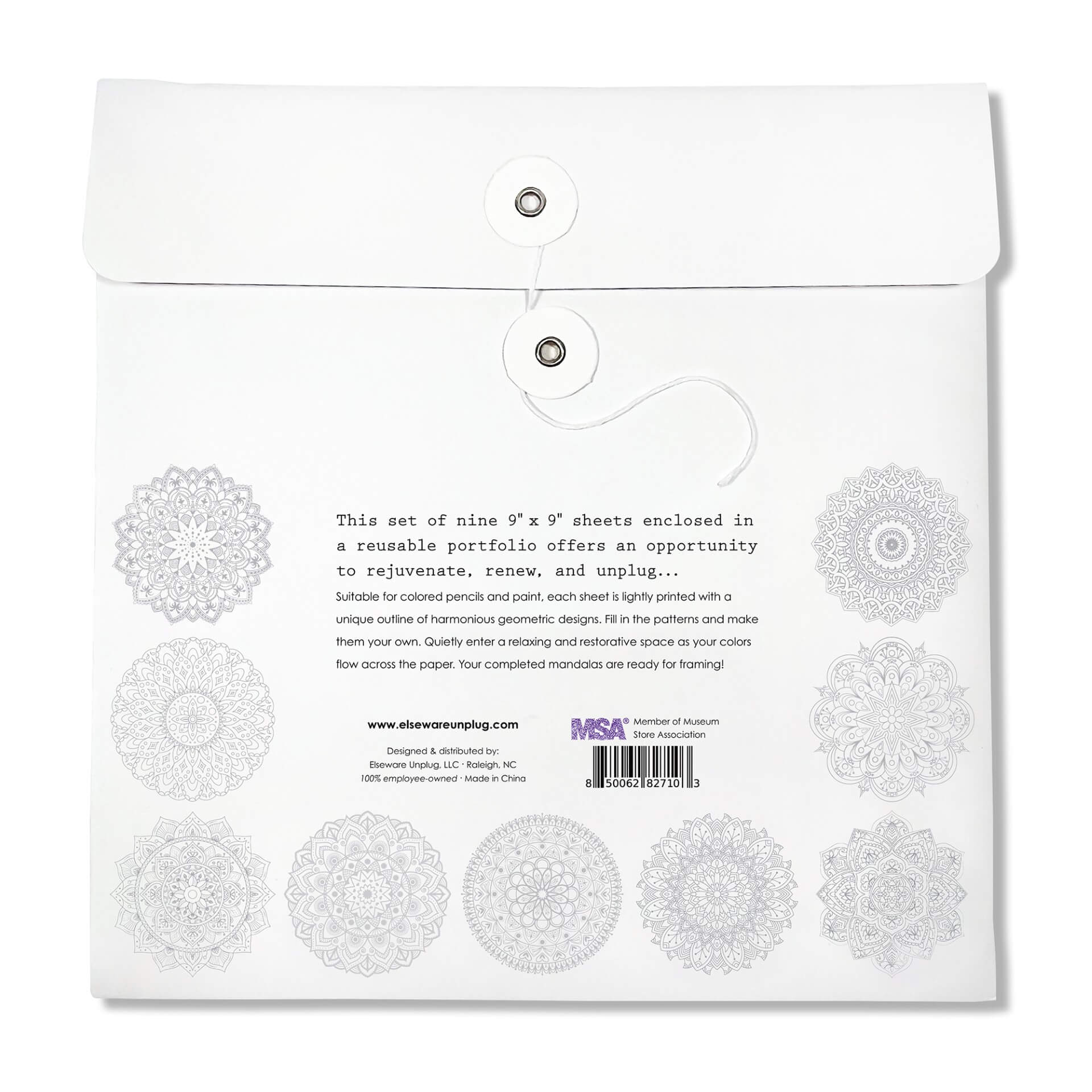 Back view of Elseware Unplug Mandala Coloring Sheets set, showing product description, geometric mandala outlines, and reusable white portfolio with string closure.