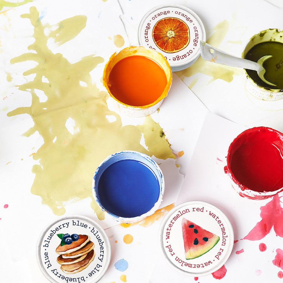 Colorful paint samples with labels on a white background