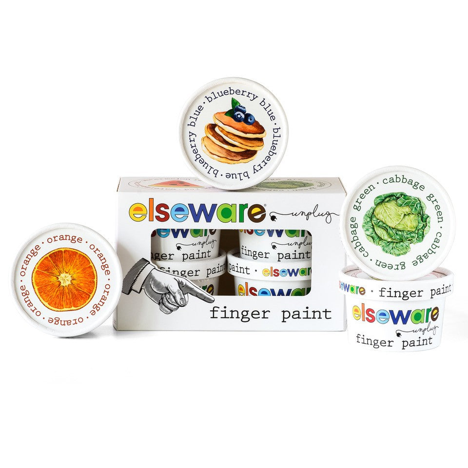 Set of finger paint containers with visible brand 'elseware' on a white background