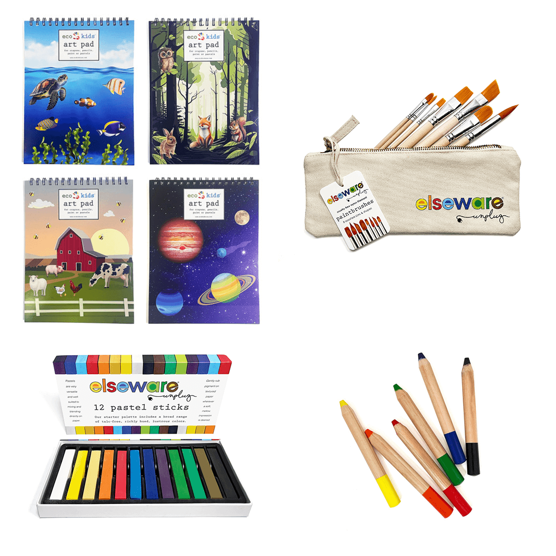 Art supplies including notebooks, pastel sticks, and paintbrushes with 'elsware' branding on a white background.
