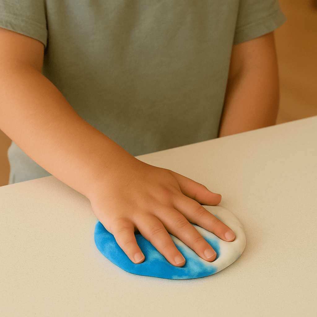 Child's hand on a blue and white eco-dough with a neutral background