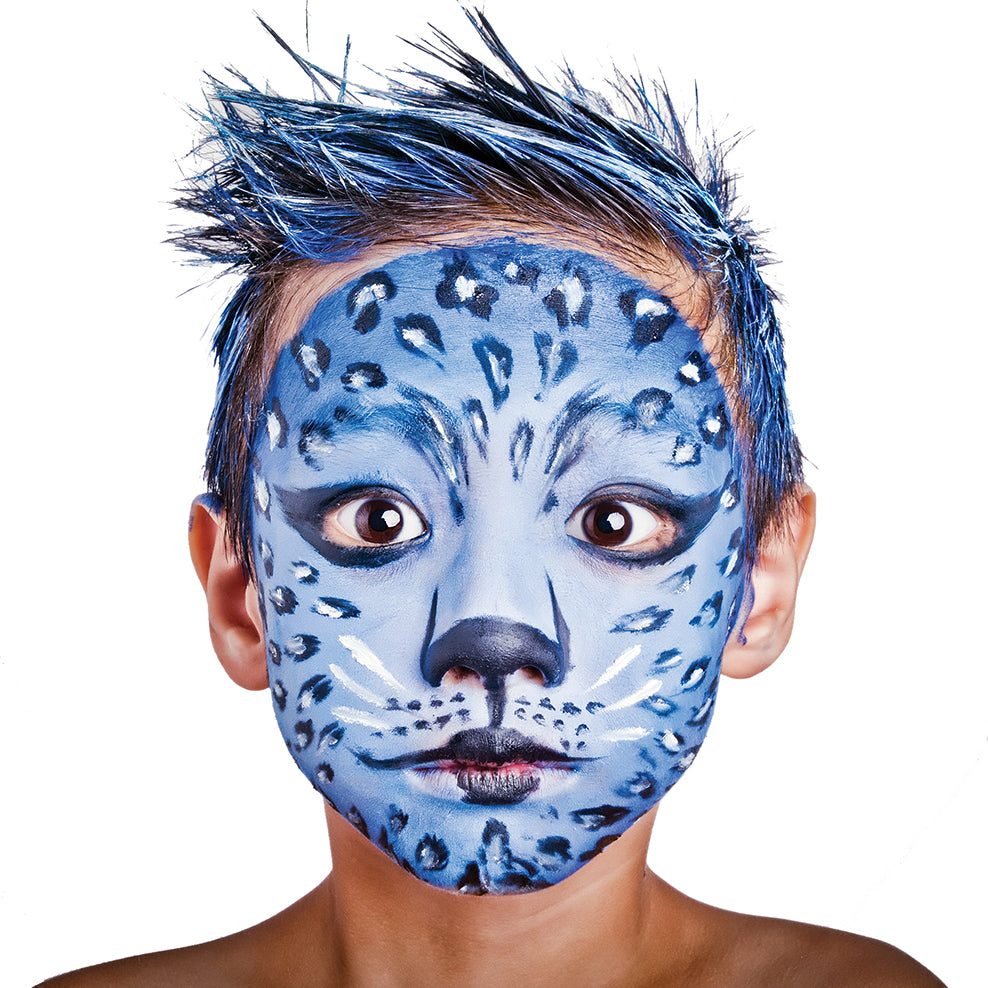 A young boy with short, spiked hair painted blue wears Elseware Unplug’s eco-friendly face paint, transformed into a striking blue leopard. His face is fully covered in shades of blue with black spots, white whiskers, and a black nose for a bold, creative design. His wide eyes and expressive look bring the design to life. Elseware Unplug’s non-toxic, earth-friendly face paint is perfect for imaginative play, offering vibrant, safe, and easy-to-remove colors for kids.