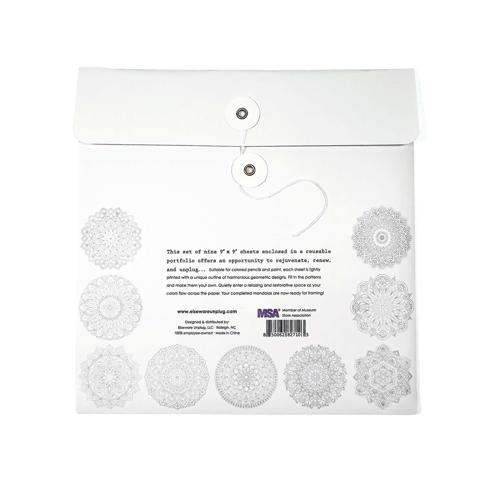 Back of the Elseware Unplug Mandala Coloring Sheets packaging, featuring a reusable portfolio with a secure string closure. This set includes nine 9” x 9” intricately designed mandala sheets, perfect for relaxation, mindfulness, and creative expression using colored pencils or paint.