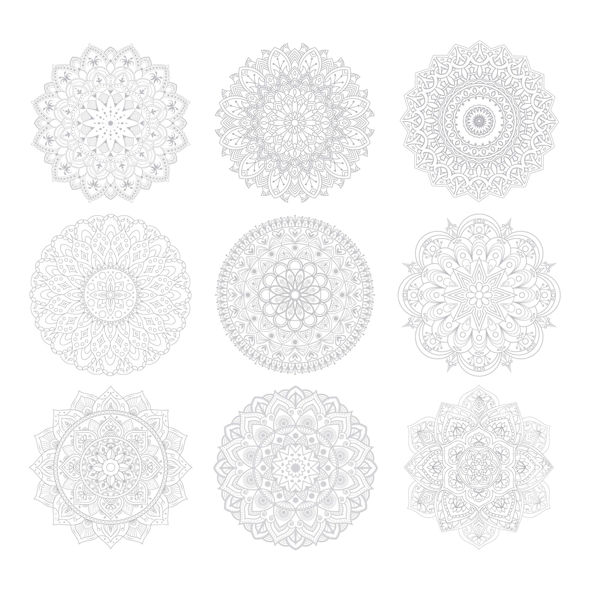 A set of nine intricate, black-and-white mandalas from the Elseware Unplug Mandala Coloring Sheets collection. These highly detailed designs offer a relaxing and creative coloring experience, perfect for mindfulness and artistic expression.