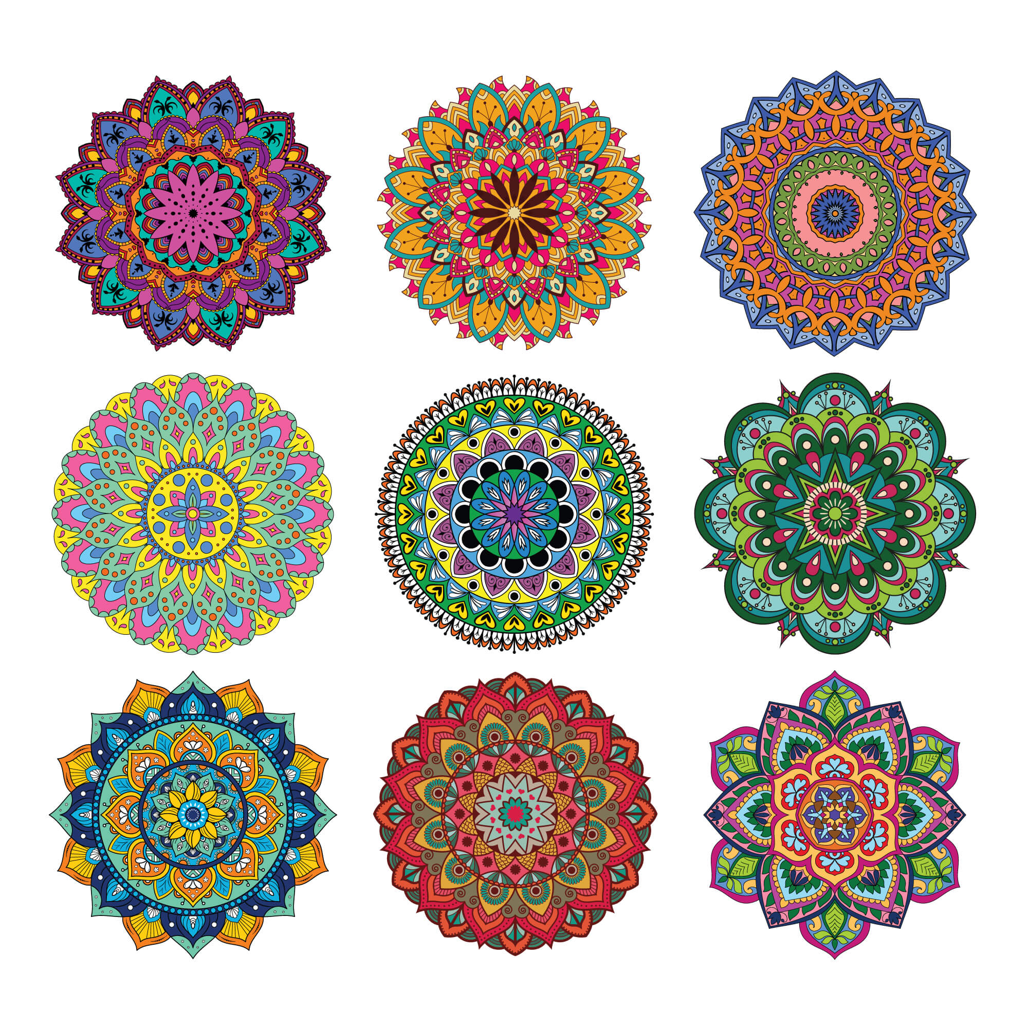 A collection of nine intricately designed mandalas from the Elseware Unplug Mandala Coloring Sheets set. These detailed, meditative designs encourage relaxation, creativity, and mindfulness through coloring, making them a perfect unplugged activity for all ages.