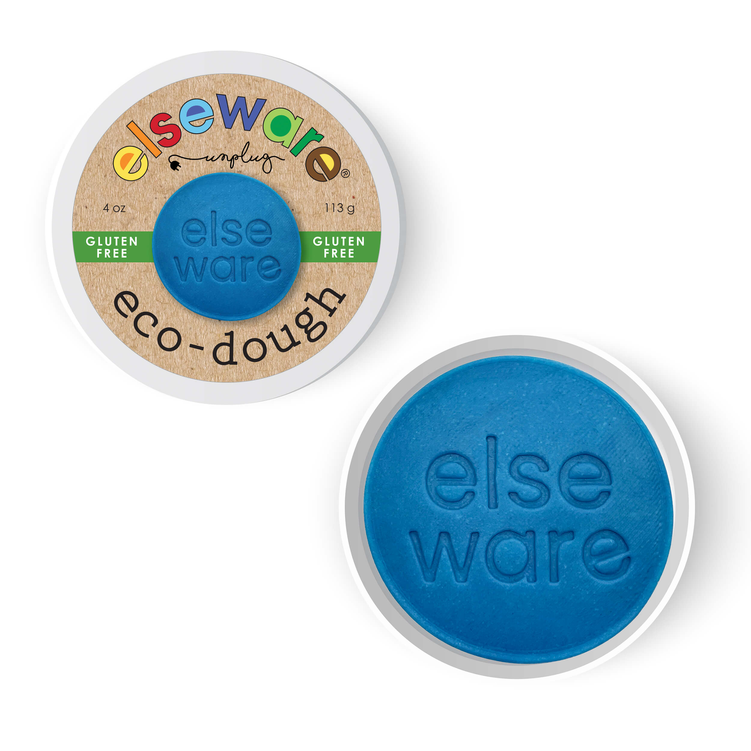 Elseware Unplug blue eco-dough shown in a sealed jar and an open jar top-down view.