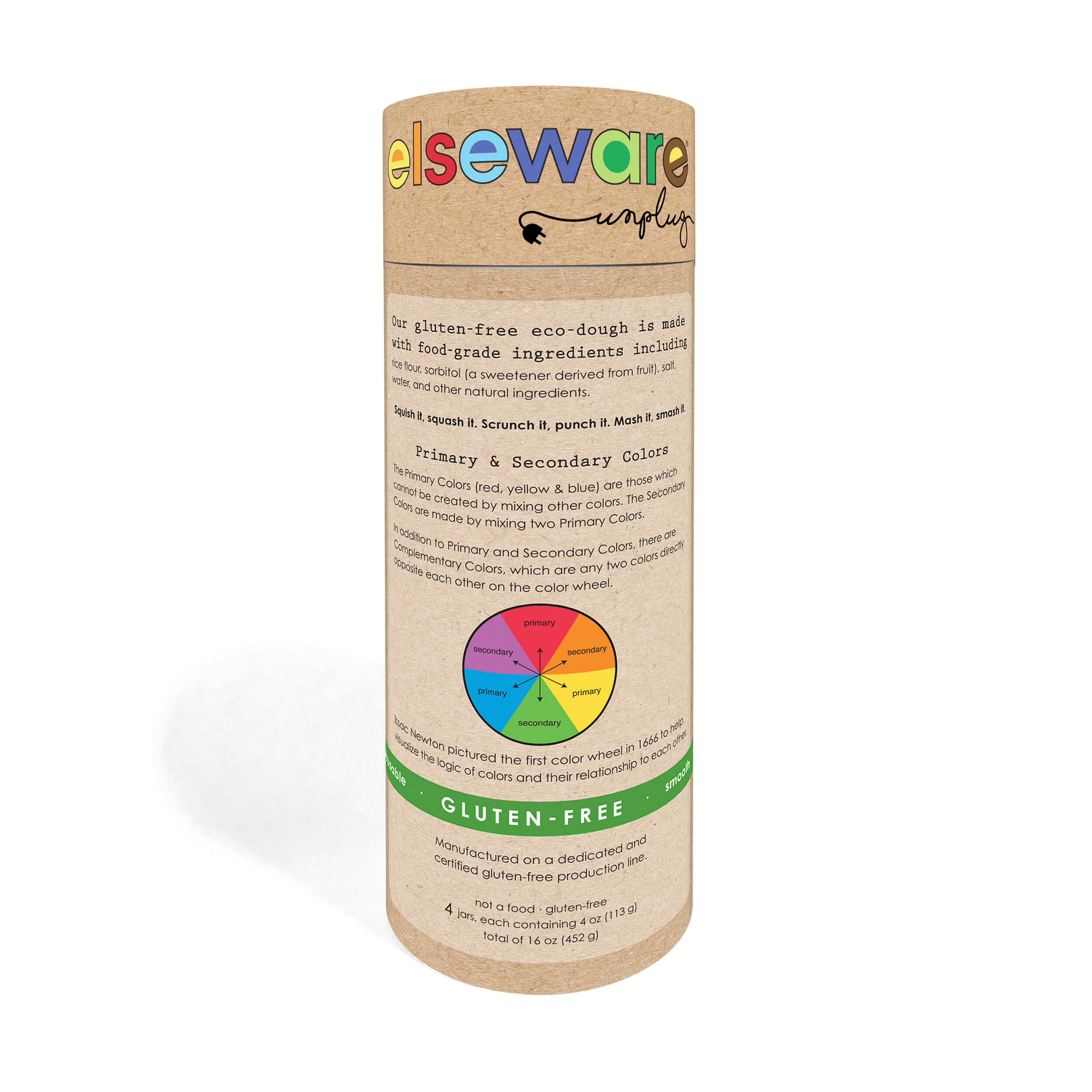 Back of the Elseware Unplug eco-dough tube showing ingredients list, color wheel, and gluten-free label.