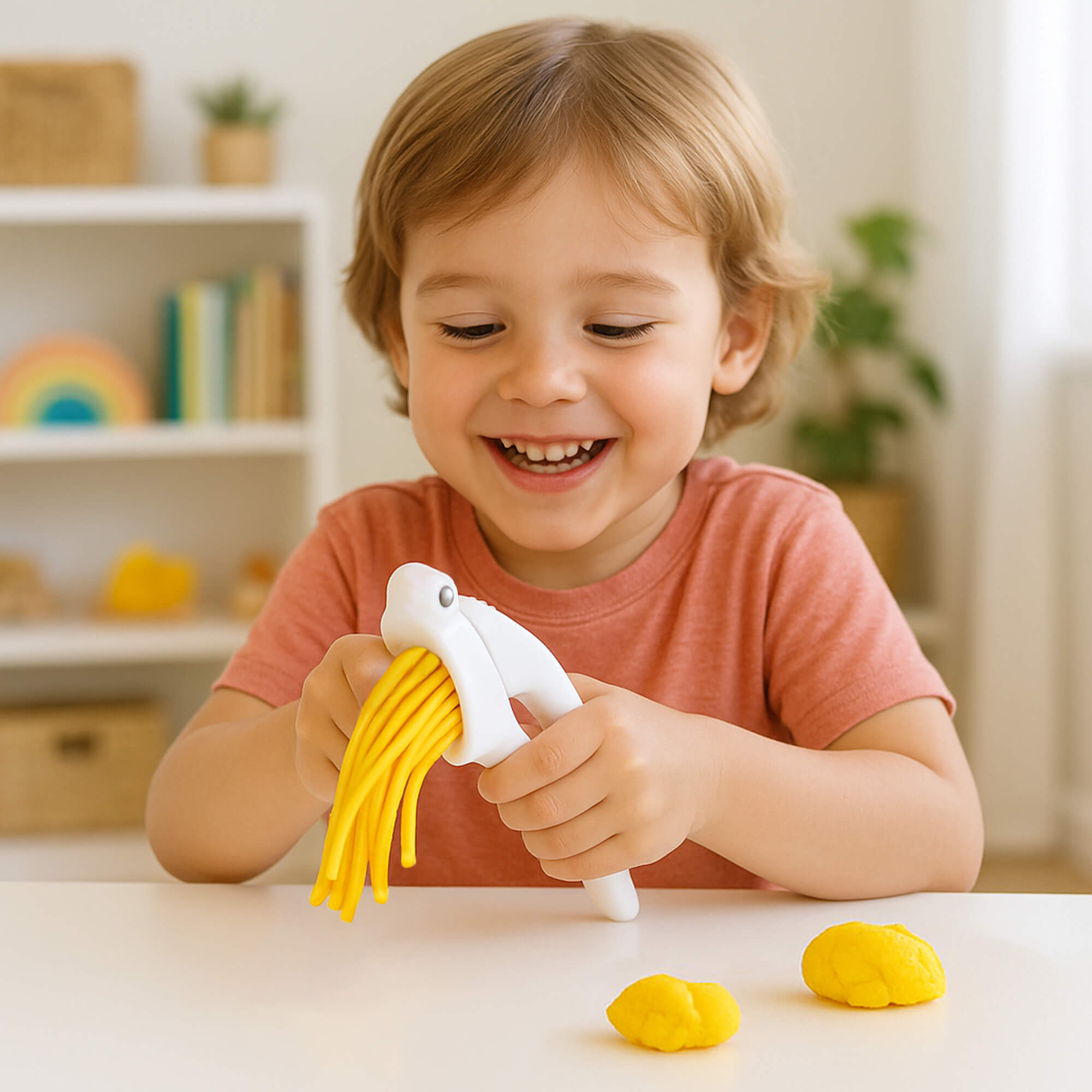 Child playing with yellow play dough and a white dough press tool in a bright room.