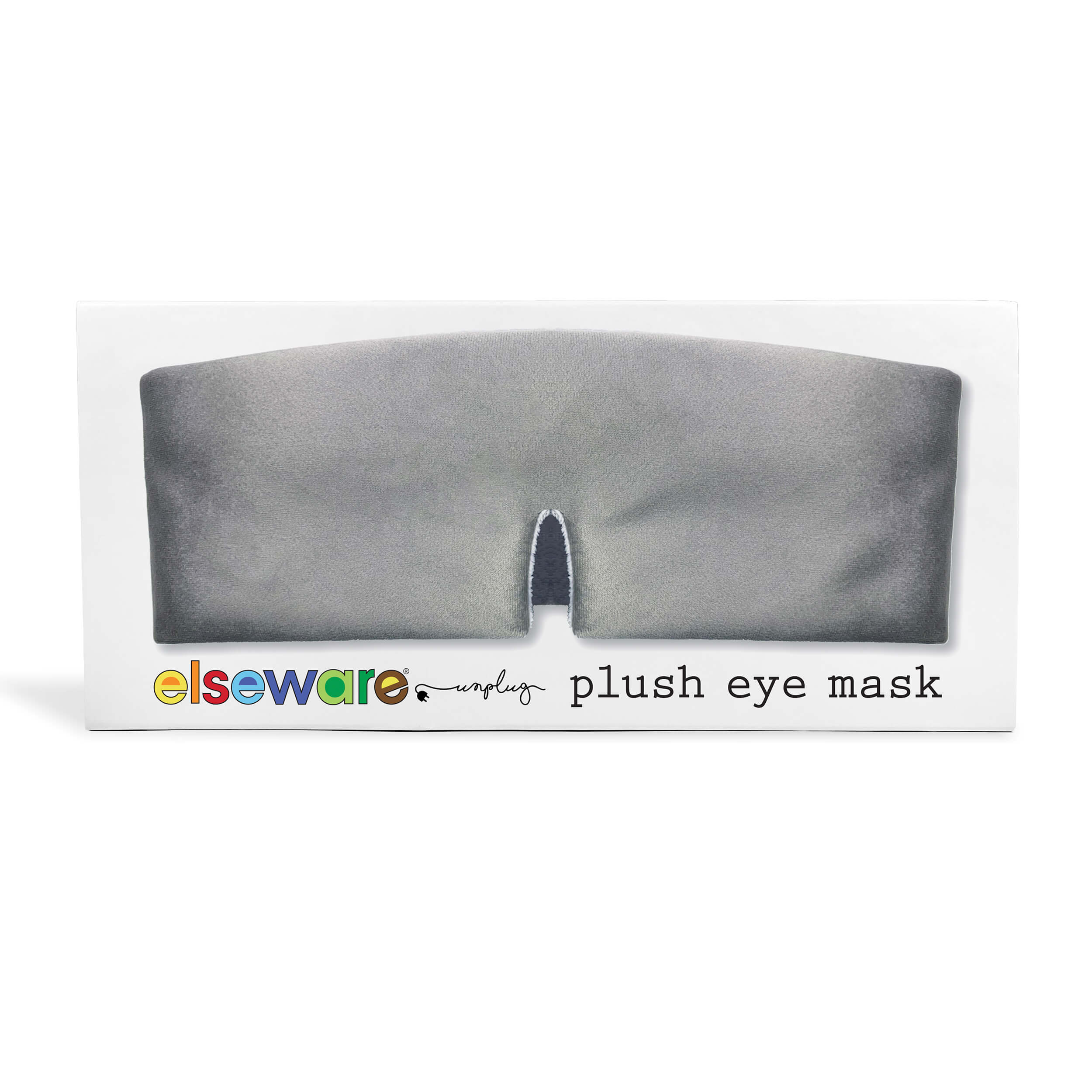 Gray plush eye mask in packaging with 'elseware' branding on a white background