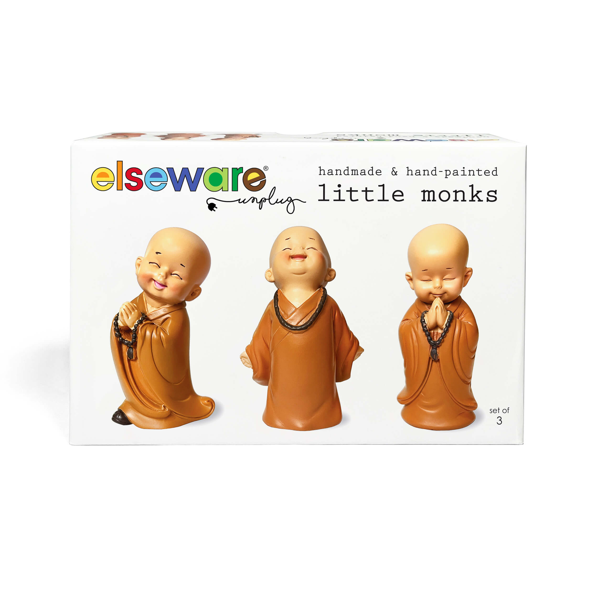 Packaging of 'little monks' figurines by elseware on a white background
