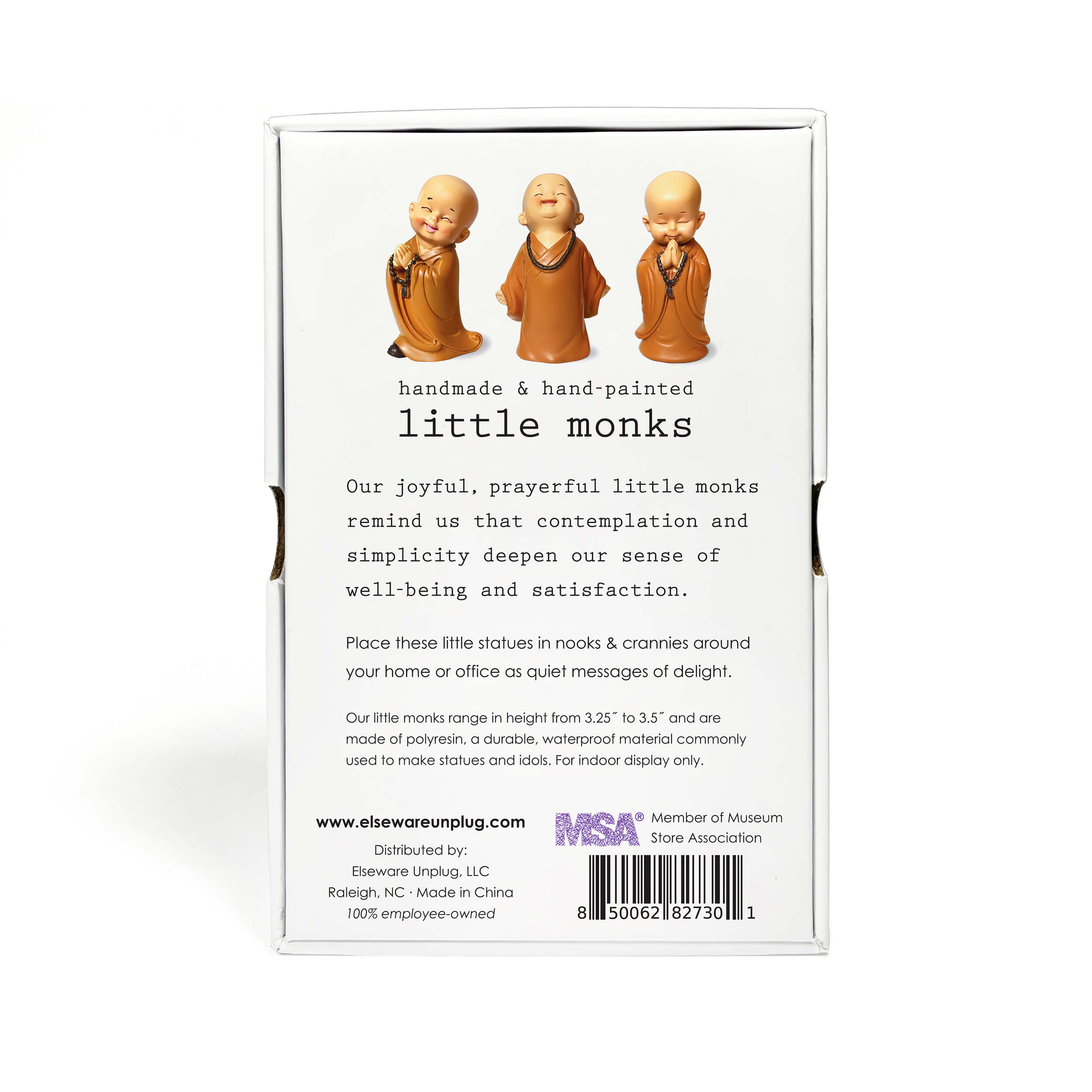 Back of packaging with three small monk figurines and product description text.