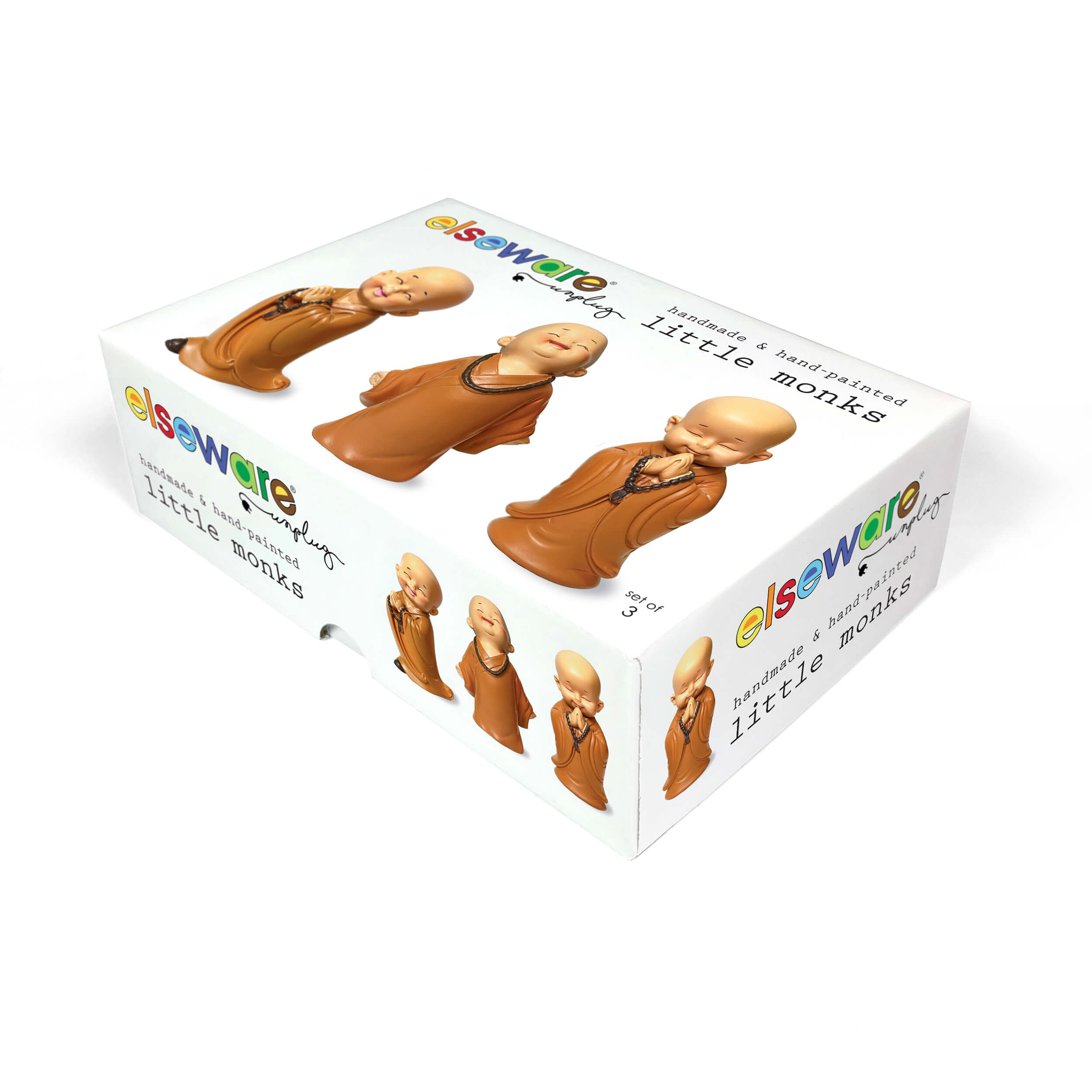 Box of 'little monks' figurines by Elsewhere on a white background