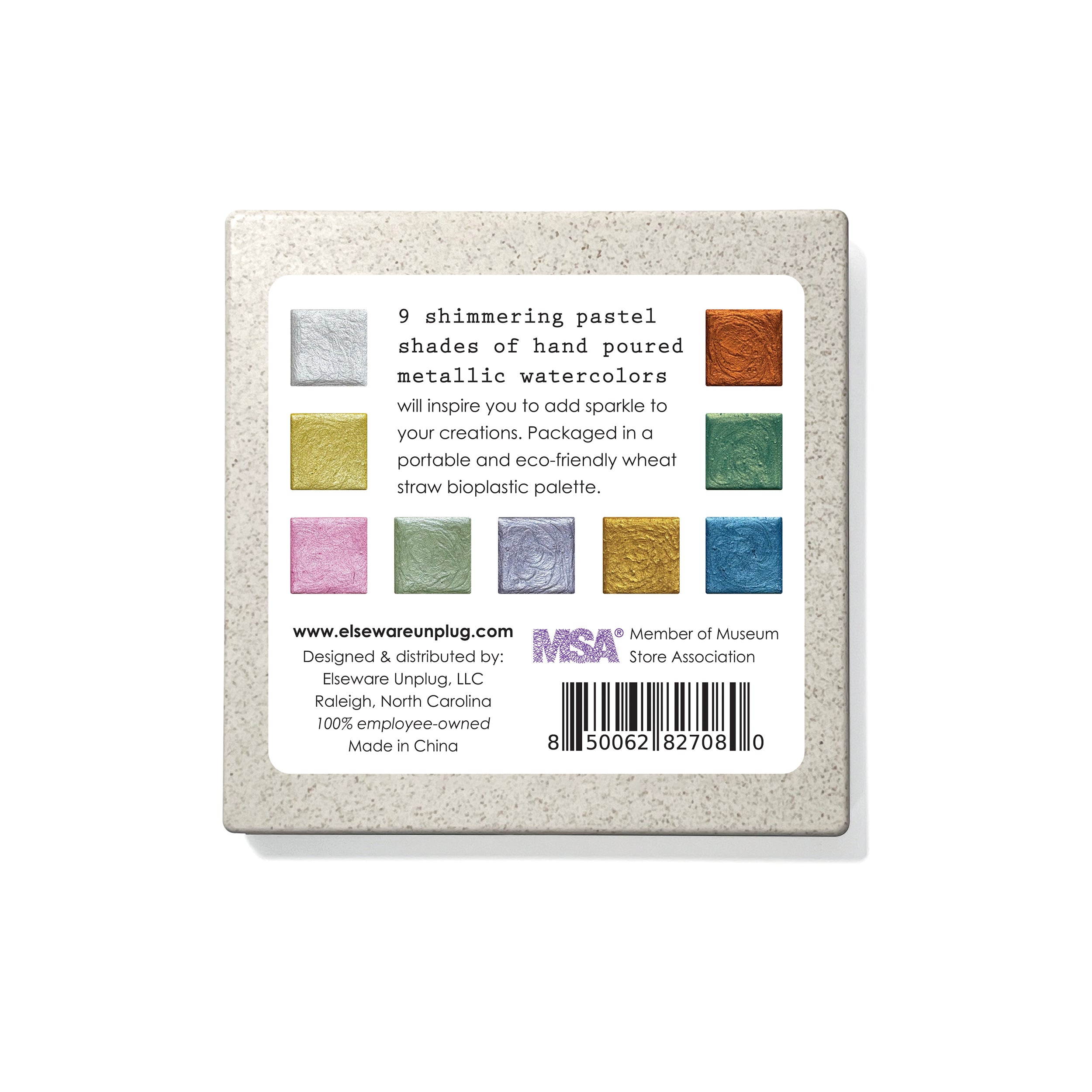 Back of the Elseware Unplug Metallic Watercolors packaging, showcasing nine shimmering pastel shades of hand-poured watercolors. Packaged in a portable and eco-friendly wheat straw bioplastic palette, these vibrant, non-toxic paints add sparkle to any creative project.