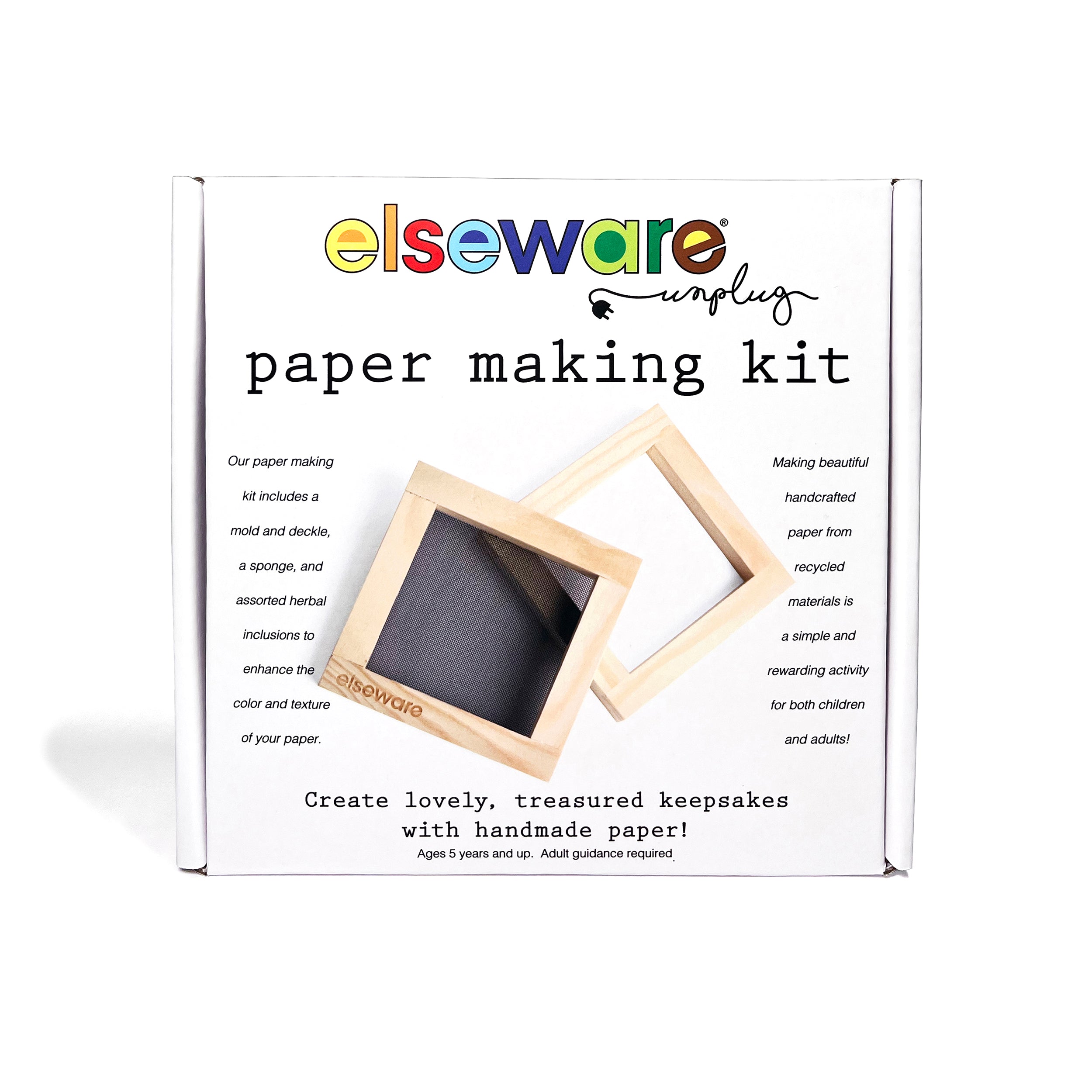 Elseware Unplug Paper Making Kit packaging featuring a wooden mold and deckle. This eco-friendly kit includes a sponge and herbal inclusions for added texture and color, providing a simple and rewarding way for children and adults to create beautiful, handmade paper from recycled materials.