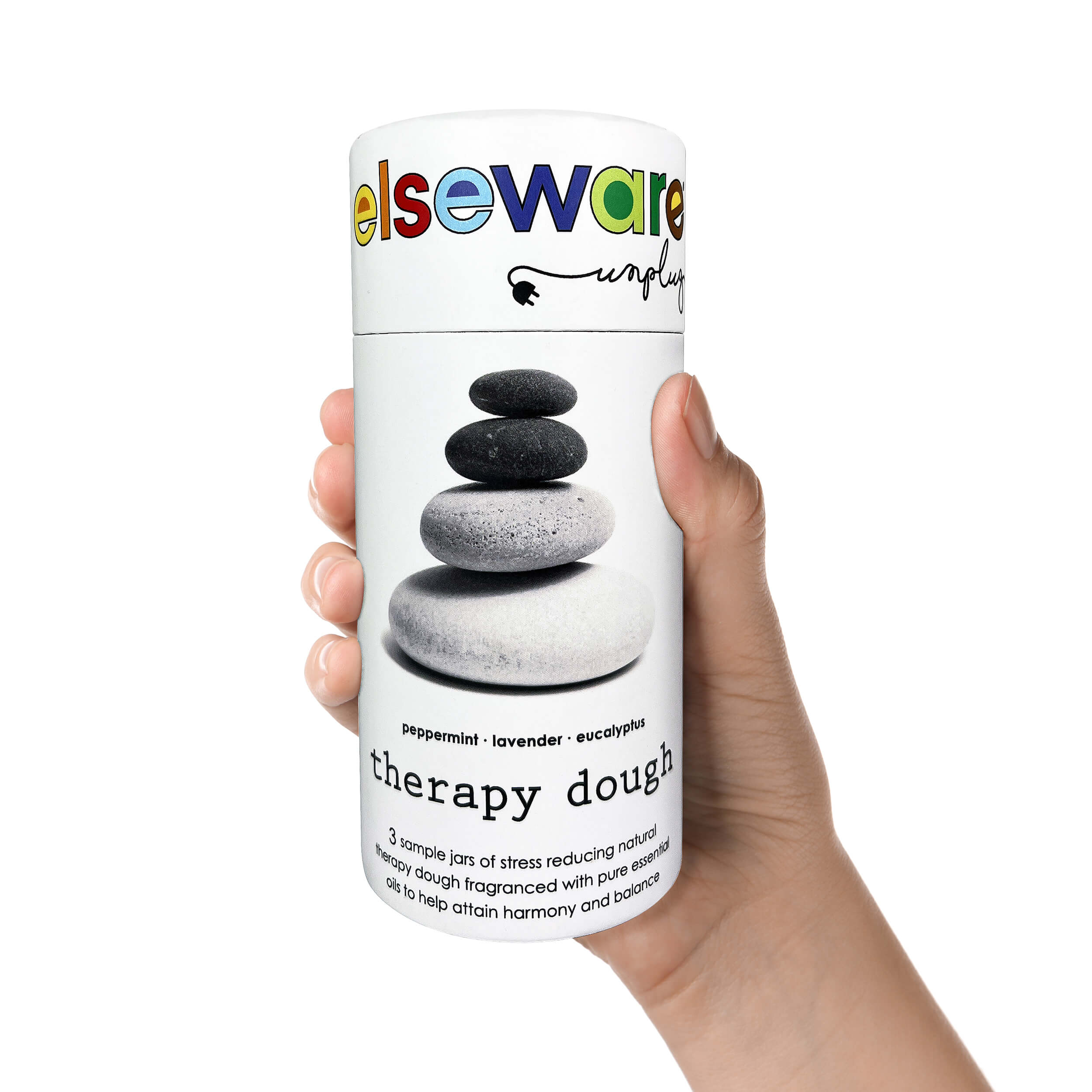 Hand holding a canister of Elseware therapy dough with pebble design on a white background