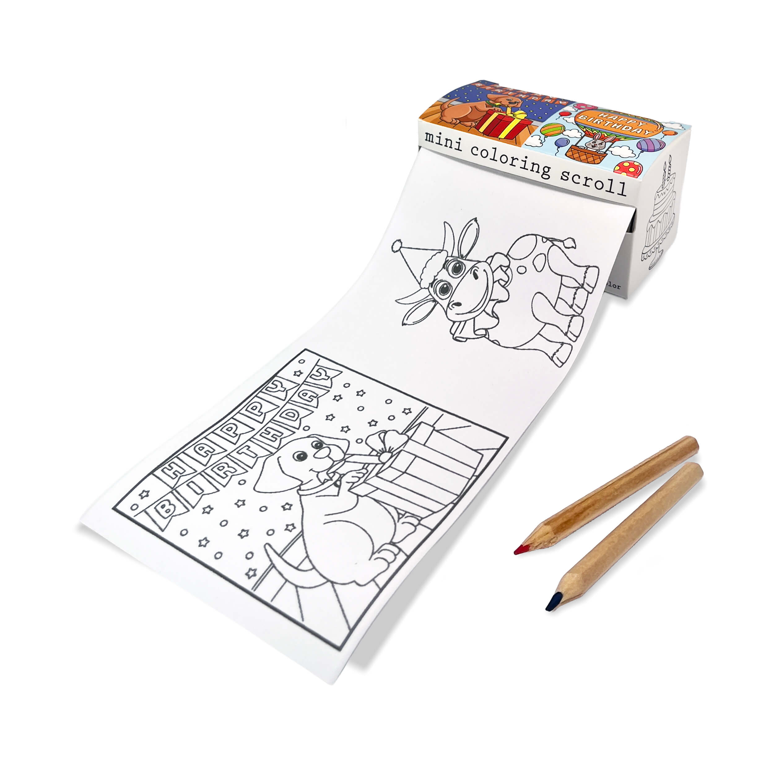 Mini coloring scroll with coloring book and pencils on a white background