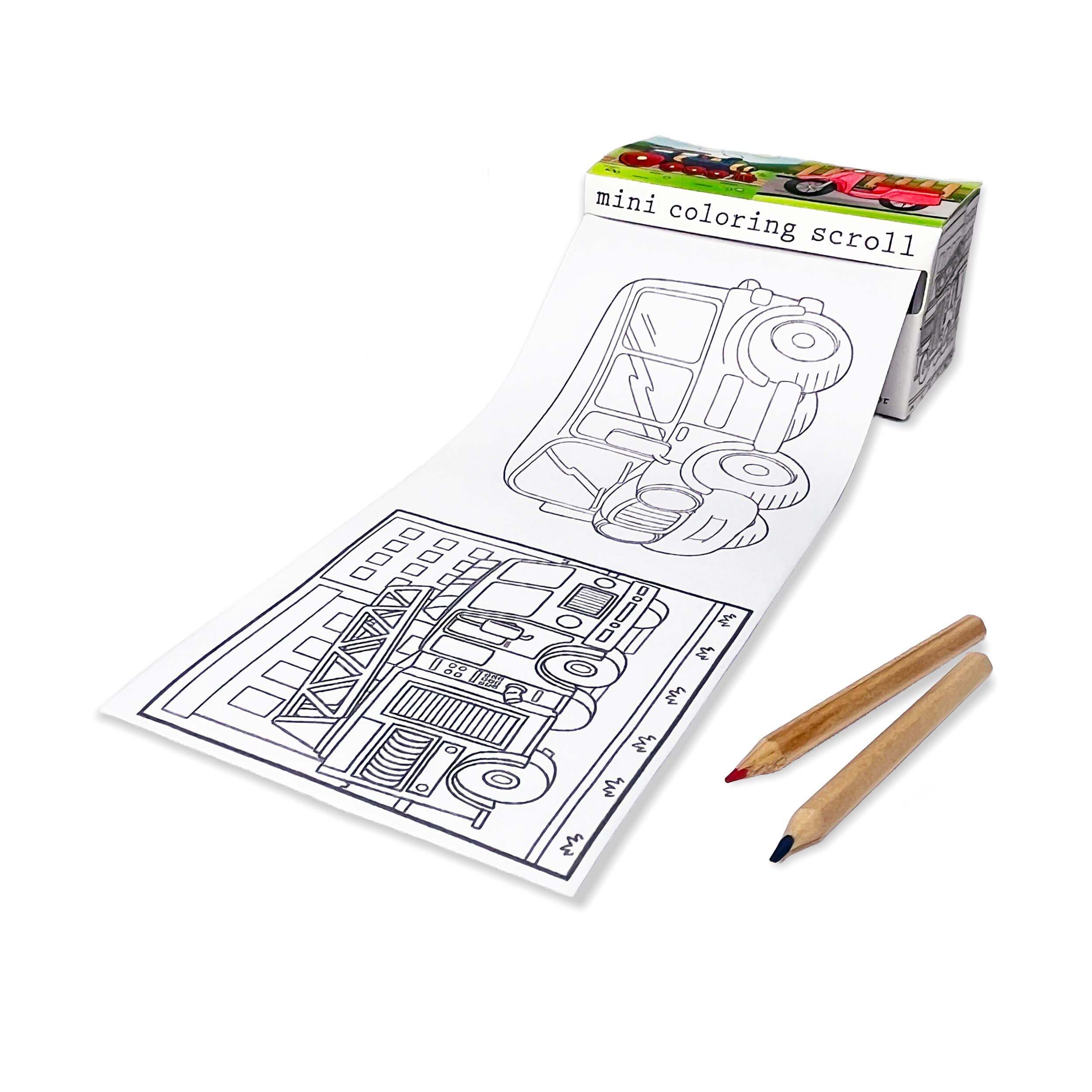 Mini coloring scroll with coloring book, pencils, and coloring box on a white background