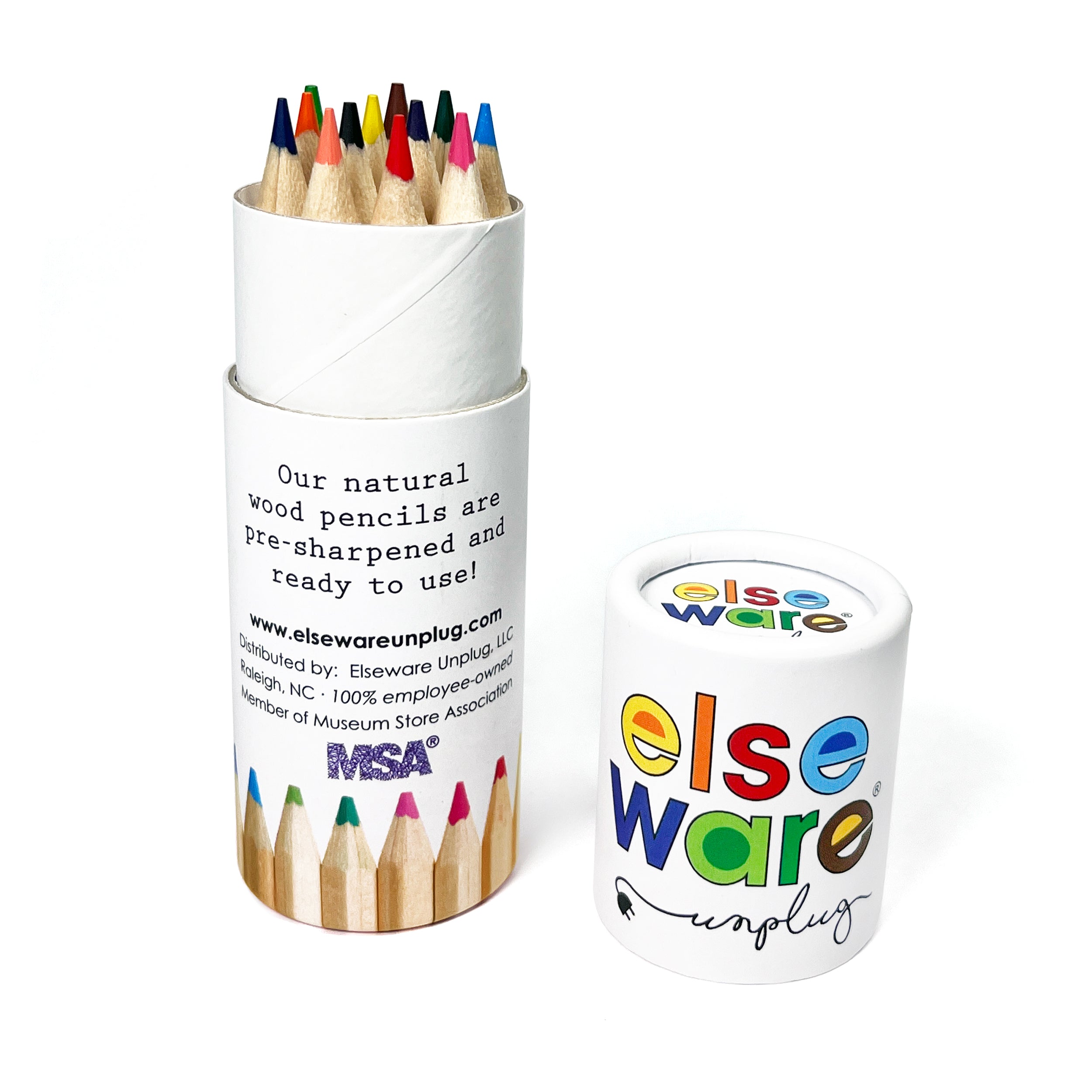 Set of twelve Elseware Unplug short 3.5-inch pre-sharpened beechwood colored pencils in a plastic-free, reclosable white storage tube. Featuring vibrant hues, these compact, eco-friendly pencils are perfect for on-the-go creativity and travel.