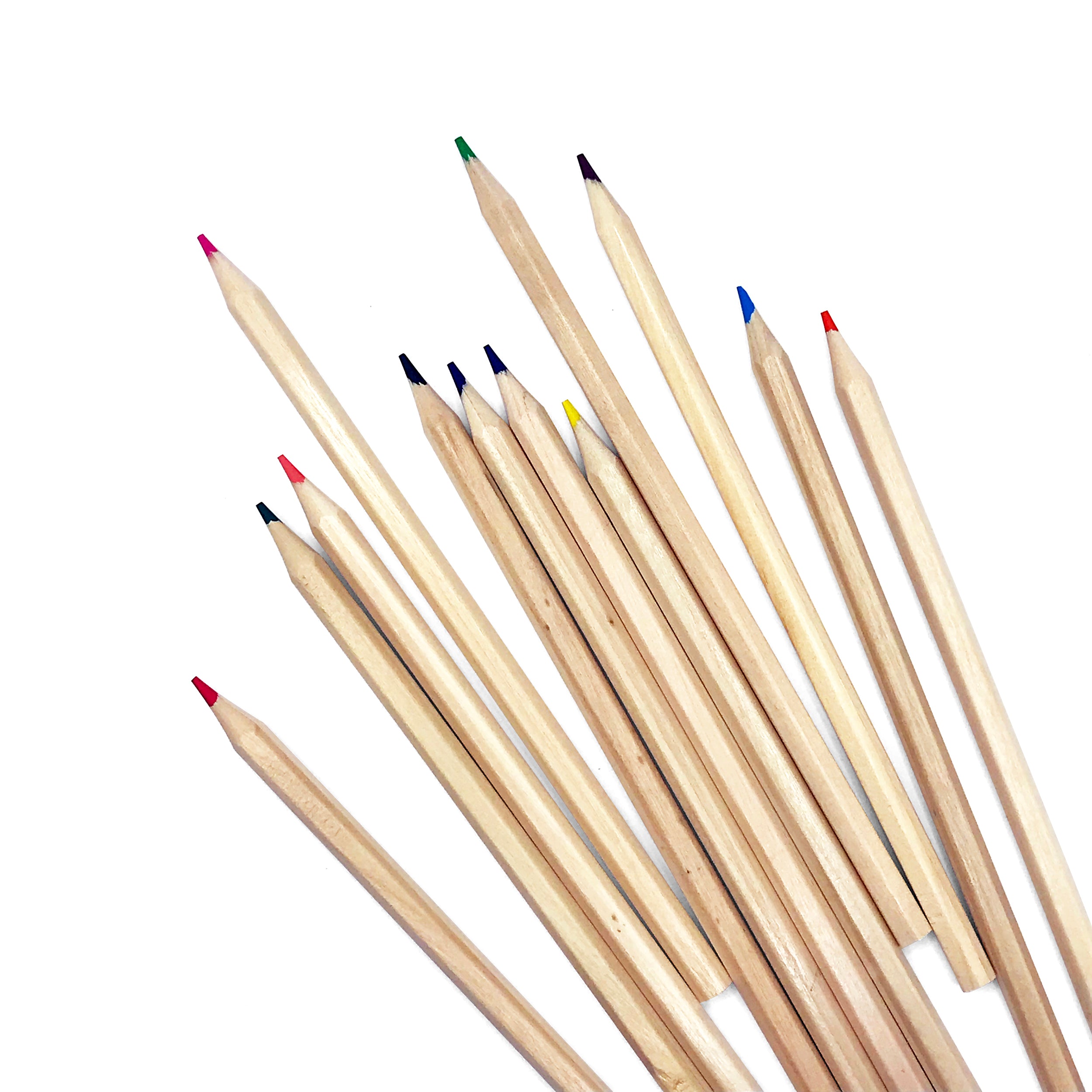 Set of twelve Elseware Unplug tall 7-inch pre-sharpened beechwood colored pencils, arranged diagonally on a white background. Featuring vibrant hues, these sustainable, plastic-free pencils are perfect for extended creativity at home or in the studio.