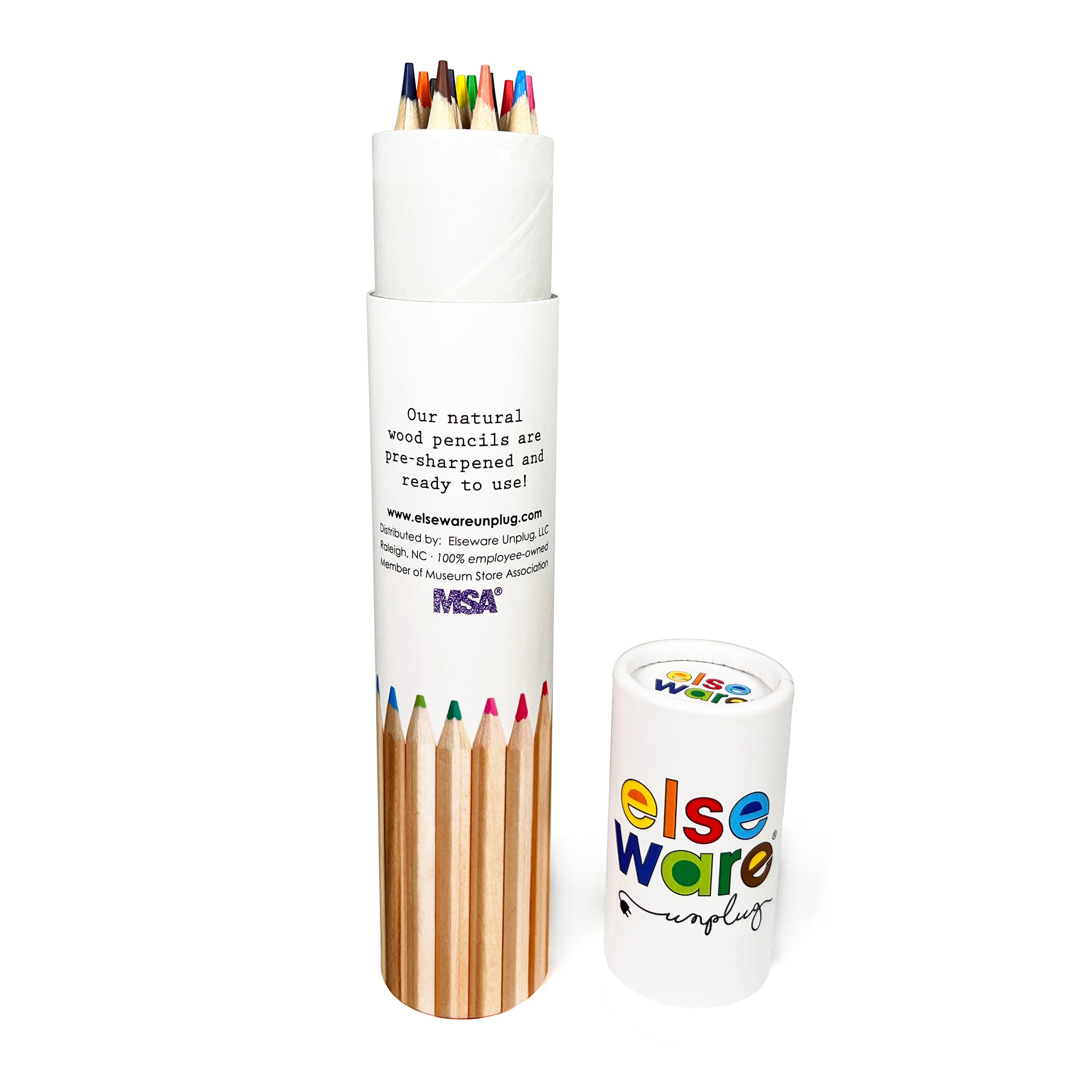Set of twelve Elseware Unplug tall 7-inch pre-sharpened beechwood colored pencils in a plastic-free, reclosable white storage tube. Featuring vibrant hues, these sustainable, eco-friendly pencils are designed for extended creativity at home or in the studio.
