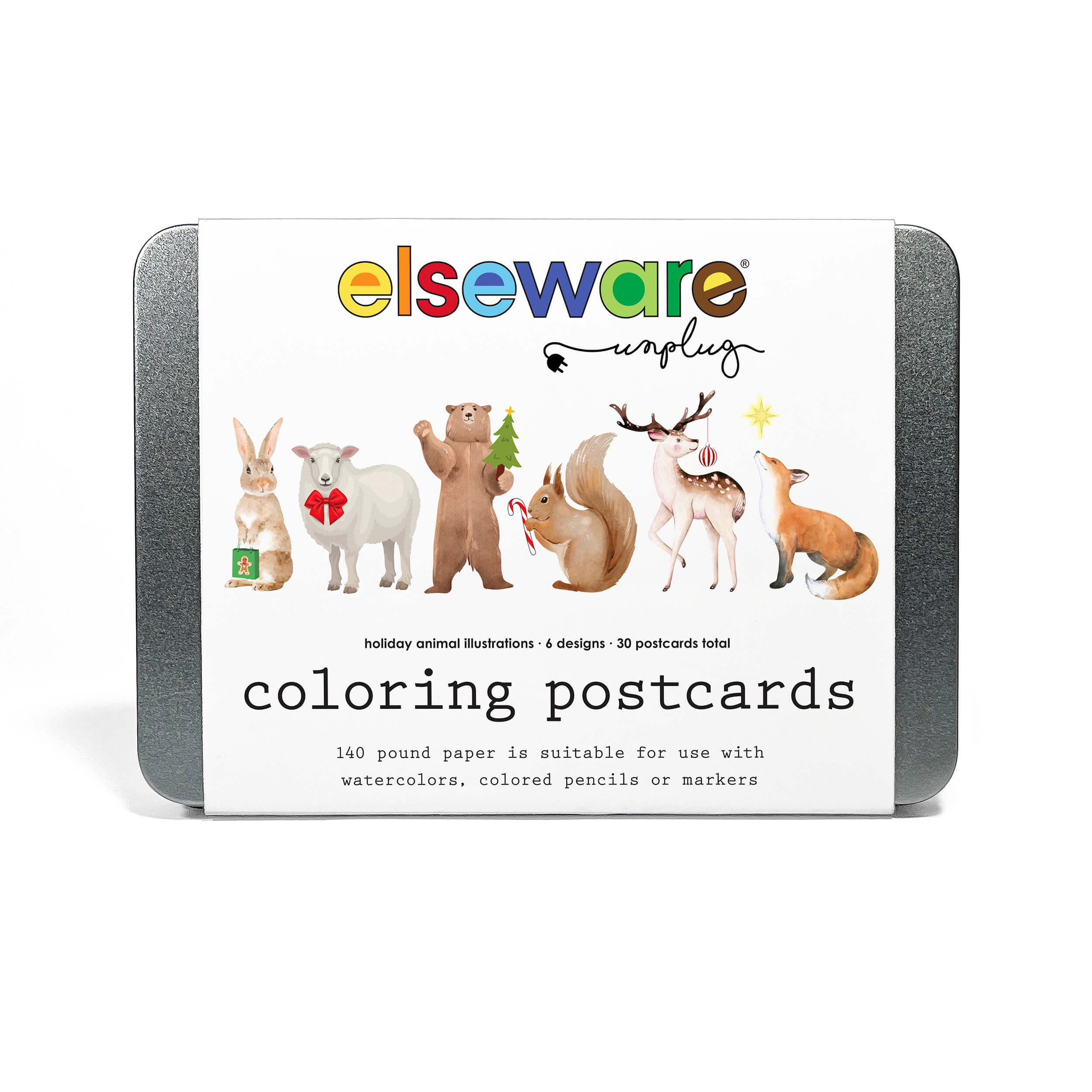 Packaging of elseware coloring postcards with illustrations of animals on a white background
