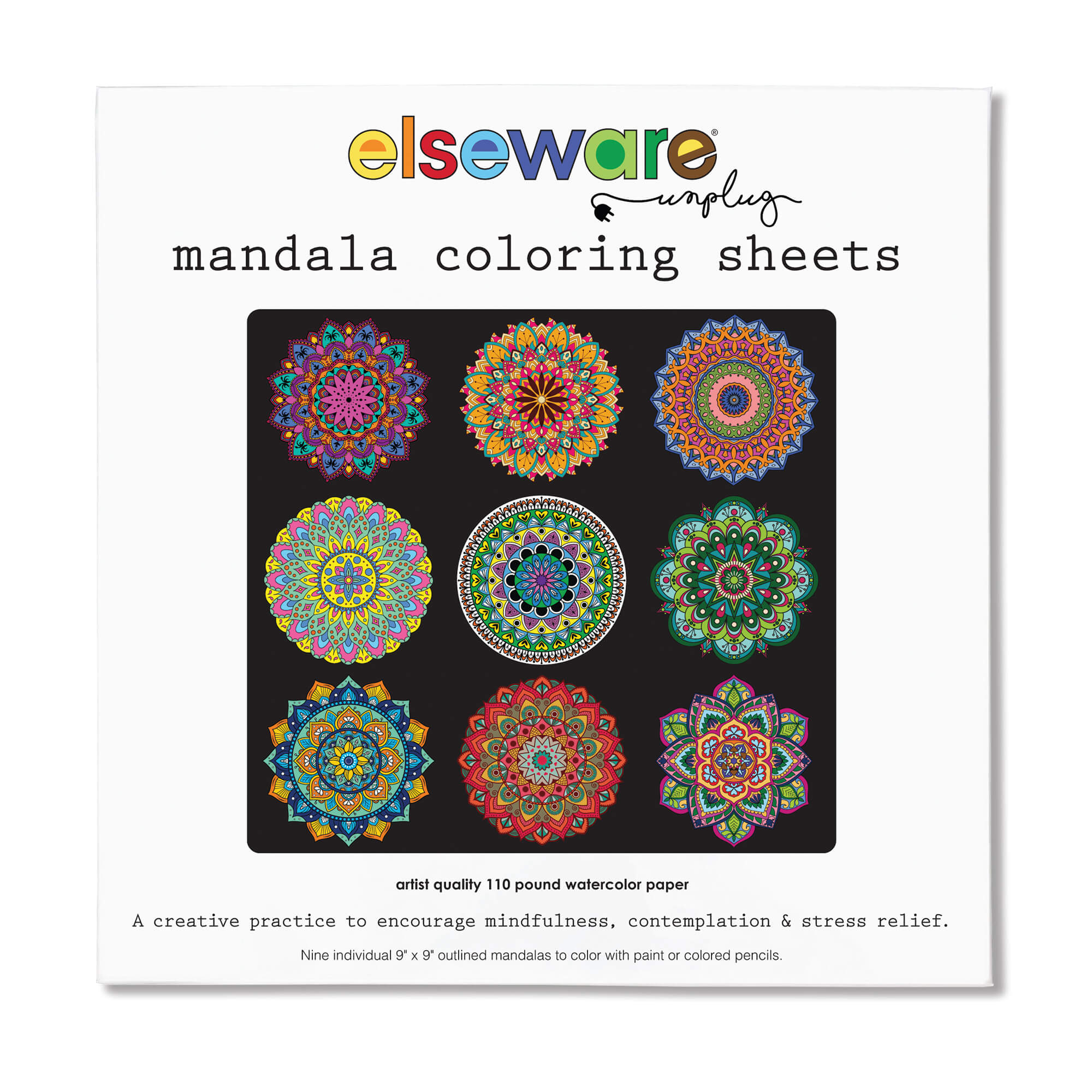 Front cover of Elseware Unplug Mandala Coloring Sheets featuring nine colorful mandala designs printed on black background.