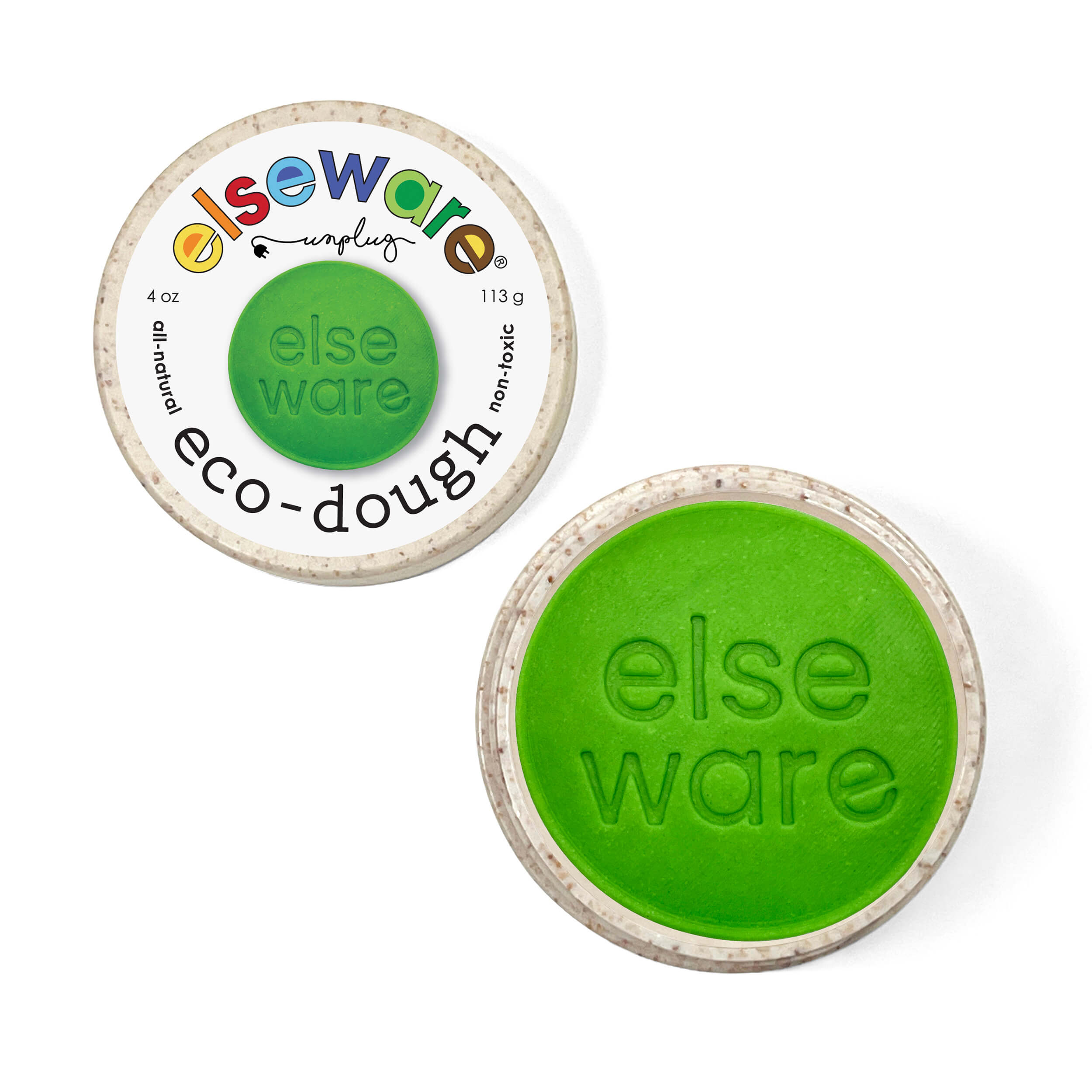 Green elseware eco-dough container with packaging on a white background